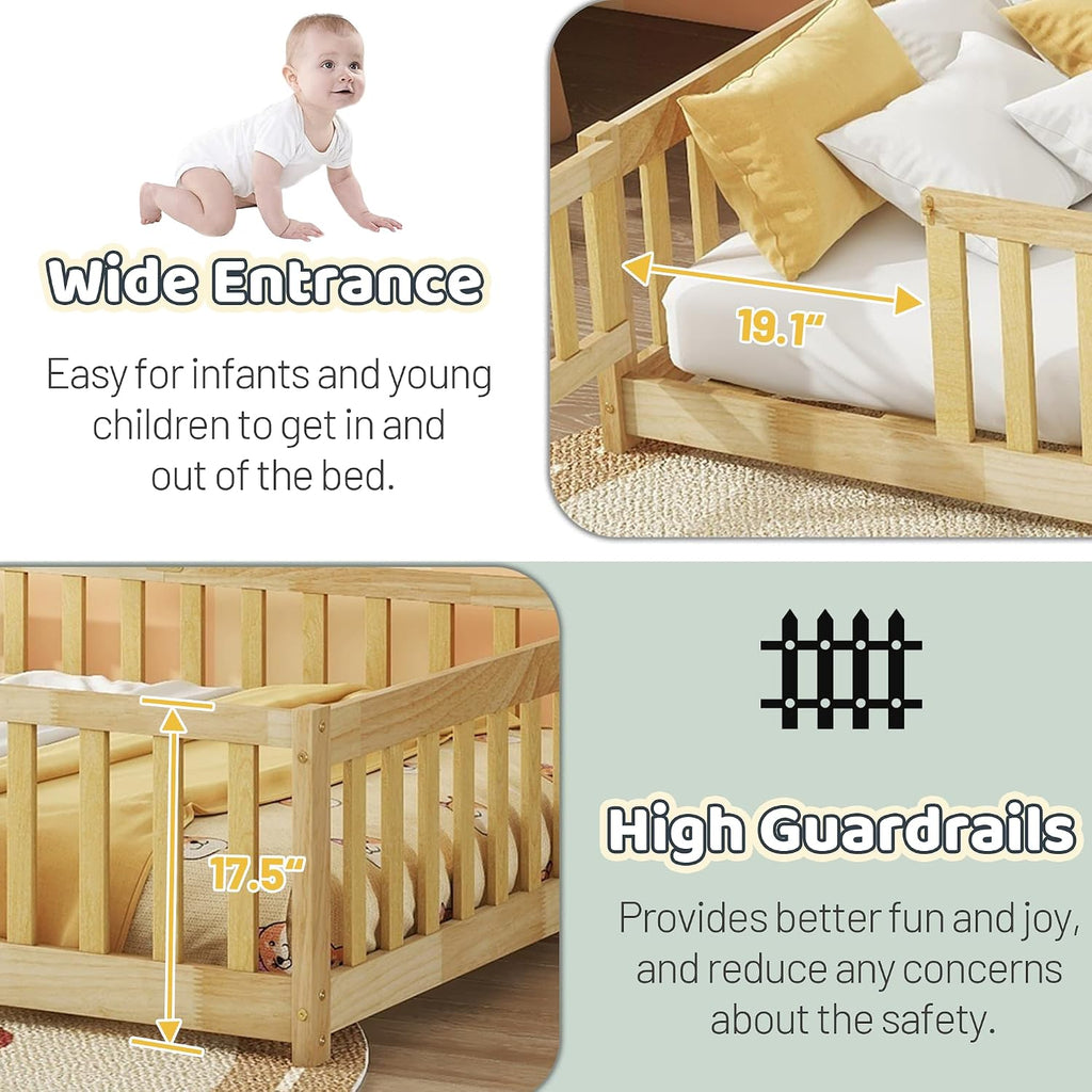 Full Floor Bed with Safety Guardrails for Kids, Rubber Wood Montessori Bed with Slats and Convertible Door,Full Size Bed Frame for Girls and Boys,No Box Spring Needed,Natural