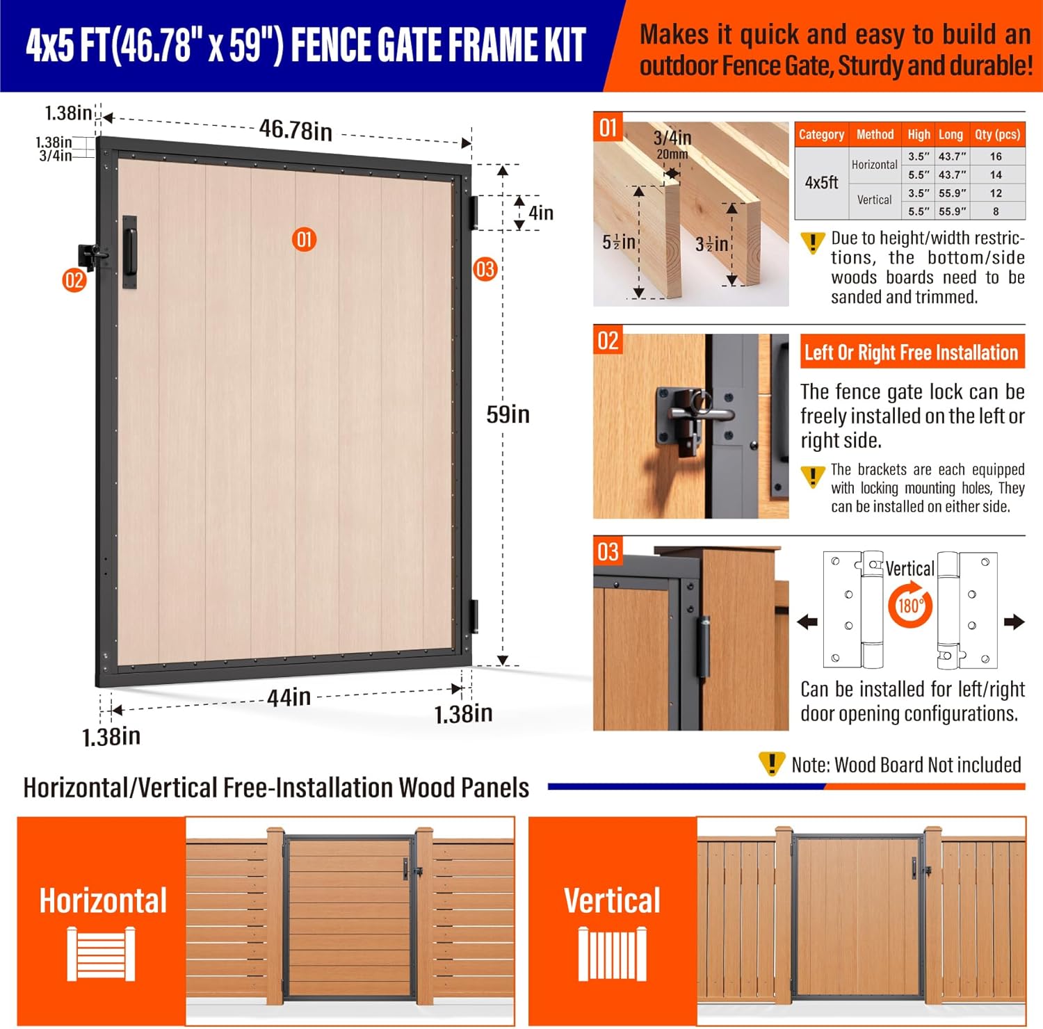 4x5FT (46.78'W X 59'H) 201 Stainless Steel Anti Sag Wooden Fence Gate Kit Heavy Duty Garden Gate Frame Hardware Kit Reinforcement (Left/Right Free-Installation)