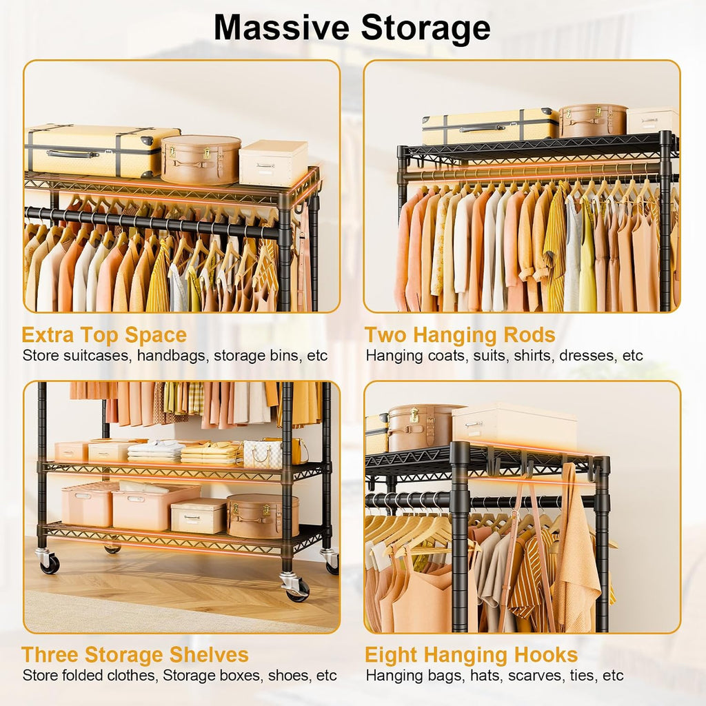 ULIFHOME P4 Plus & P7 Rolling Clothes Rack Heavy Duty, Clothing Racks for Hanging Clothes, Free Standing Garment Racks with Wheels, Portable Closet Rack 45''W × 20.5''D × 80.5''H, Black