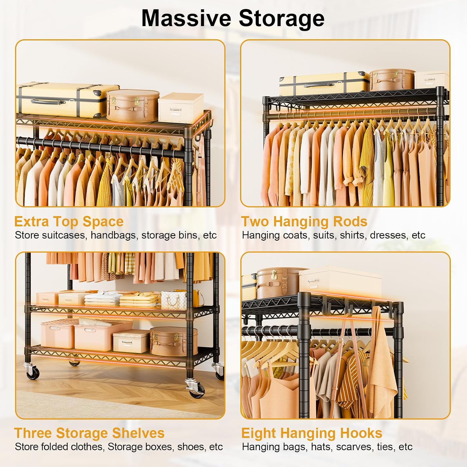 ULIFHOME P4 Plus & P7 Rolling Clothes Rack Heavy Duty, Clothing Racks for Hanging Clothes, Free Standing Garment Racks with Wheels, Portable Closet Rack 45''W × 20.5''D × 80.5''H, Black