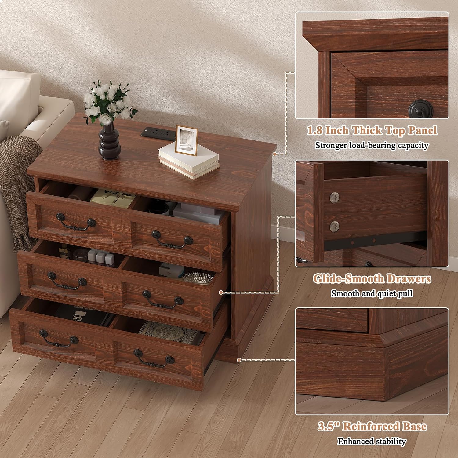 VVFLU Farmhouse Night Stand with Charging Station, 27.6' Wider Cherry Wood Nightstand with 3 Drawers Dividers Storage, Larger Bedside Table, Side Table End Table for Bedroom, Living Room, Sofa