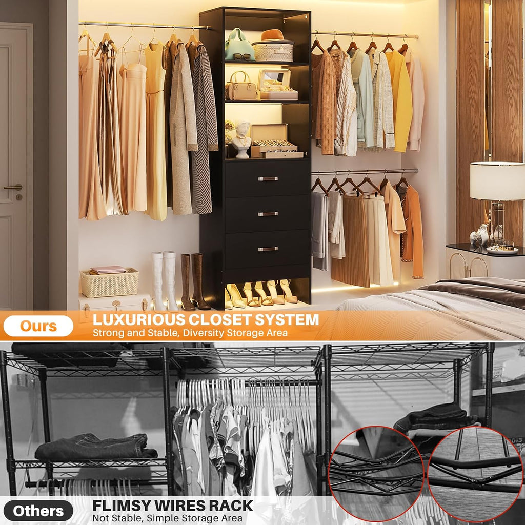 Homieasy 96 Inches Closet Organizer System, 8FT Customizable Walk In Closet Organizer with Hanging Rods, 3 Drawers Garment Rack with Leather Handle , 96' L x 16' W x 75' H, Max Load 1000 LBS, Black