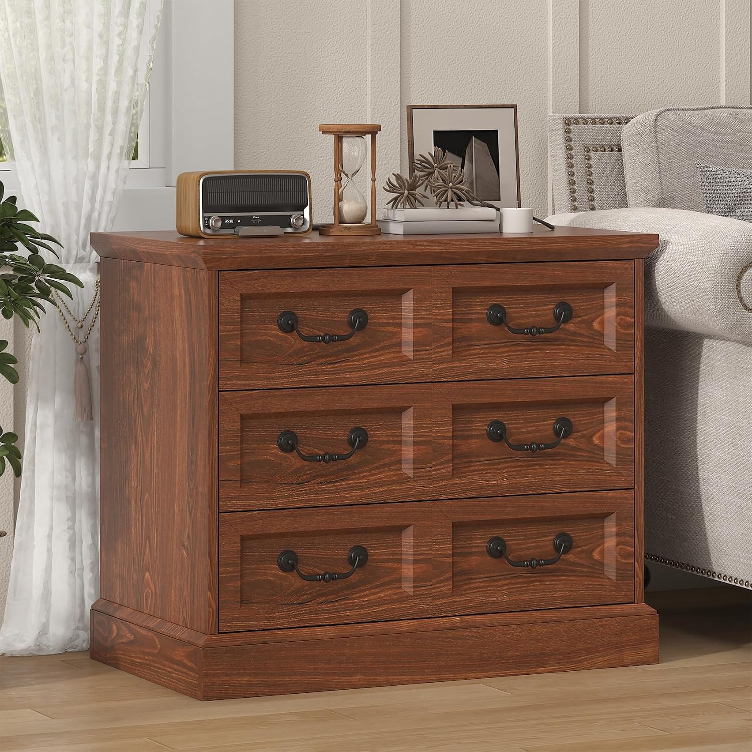 VVFLU Farmhouse Night Stand with Charging Station, 27.6' Wider Cherry Wood Nightstand with 3 Drawers Dividers Storage, Larger Bedside Table, Side Table End Table for Bedroom, Living Room, Sofa