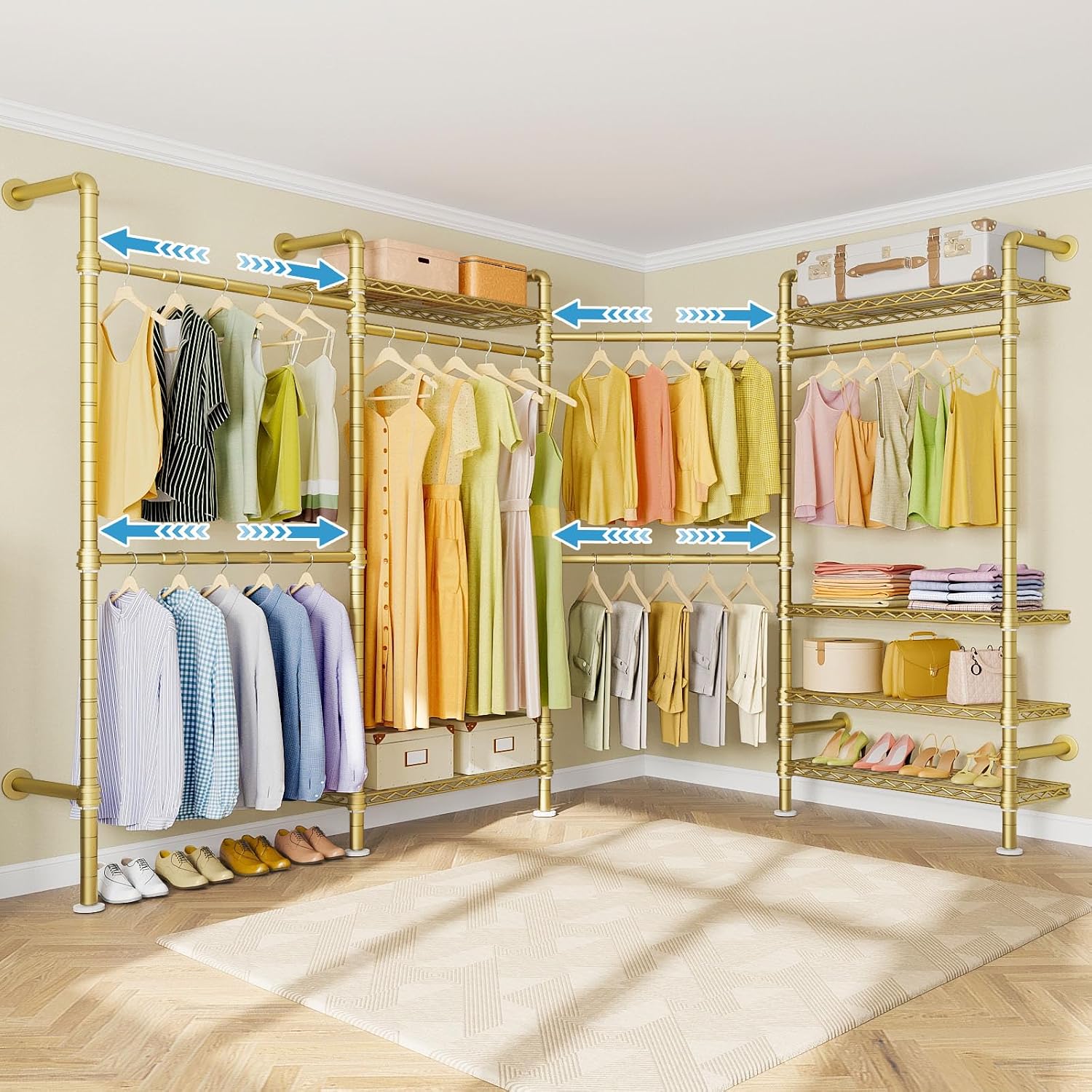 Timate L4 L Shape Garment Rack Heavy Duty for Hanging Clothes, Expandable Industrial Pipe Clothing Rack, Wall Mounted Closet Organizer Large Wardrobe Kit Corner System Gold