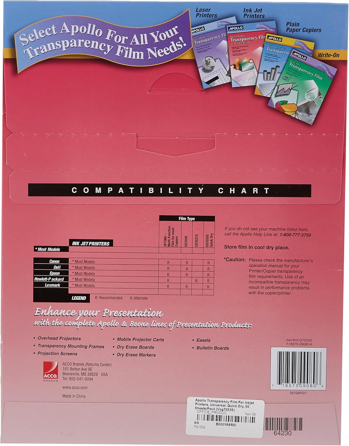 Apollo Transparency Film for Inkjet Printers, Universal, Quick Dry, 50 Sheets/Pack (VCG7033S) (Pack of 5)