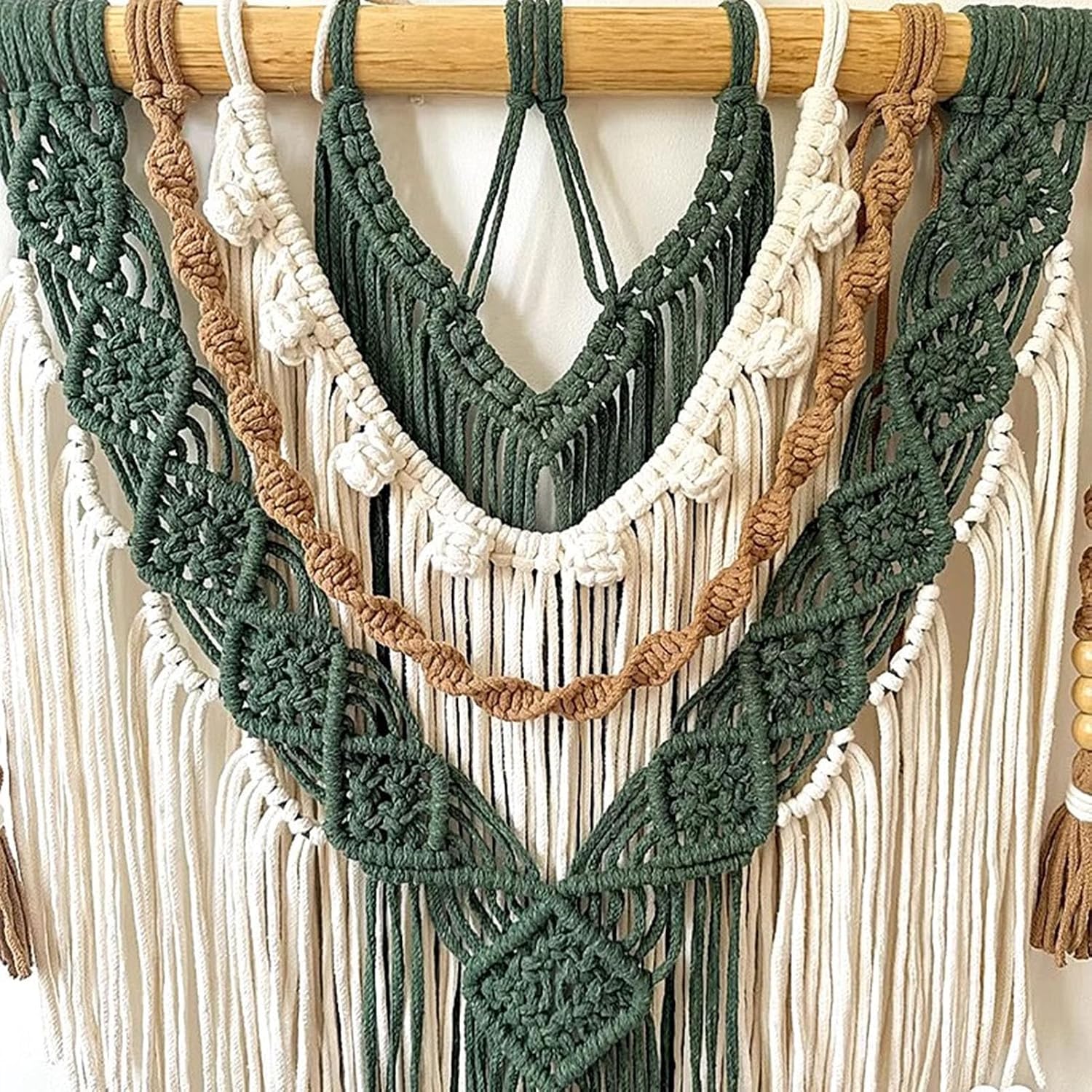 Macrame Wall Hanging Boho Macrame Wall Hanging – Handwoven Green & Cream Cotton Tapestry with Wooden Dowel, Art Decor for Living Room, Bedroo(100x110cm/39.4x43.3in)