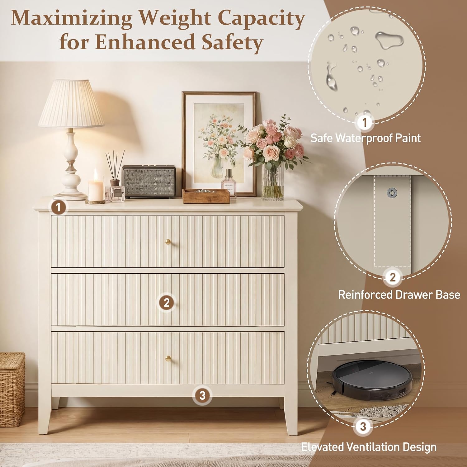 RoyalCraft 32' Large Nightstand Set of 2, Fluted Painted Bedside Table with 3 Spacious Drawers, Modern Tall End Table for Bedroom, Beige