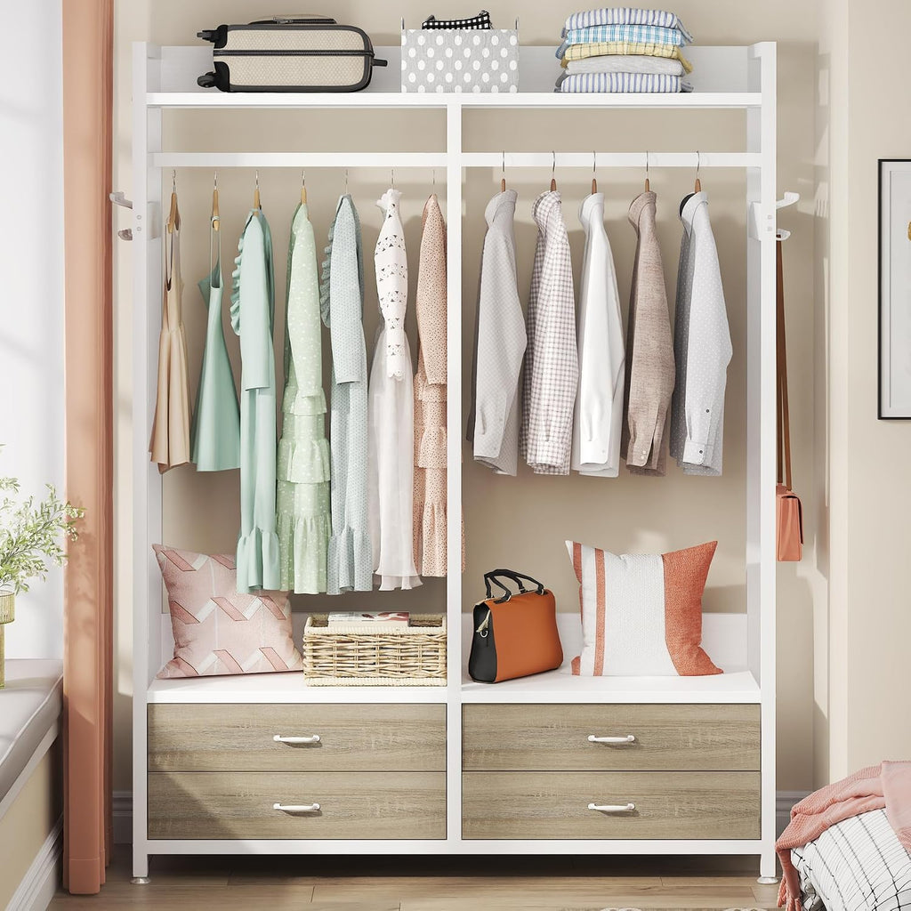 Tribesigns Freestanding Closet Organizer for Hanging Clothes, Heavy Duty Garment Rack with 4 Drawers, 8 Hooks and Storage Shelves, Wardrobe Closet Clothing Rack for Bedroom, Living Room, White Walnut