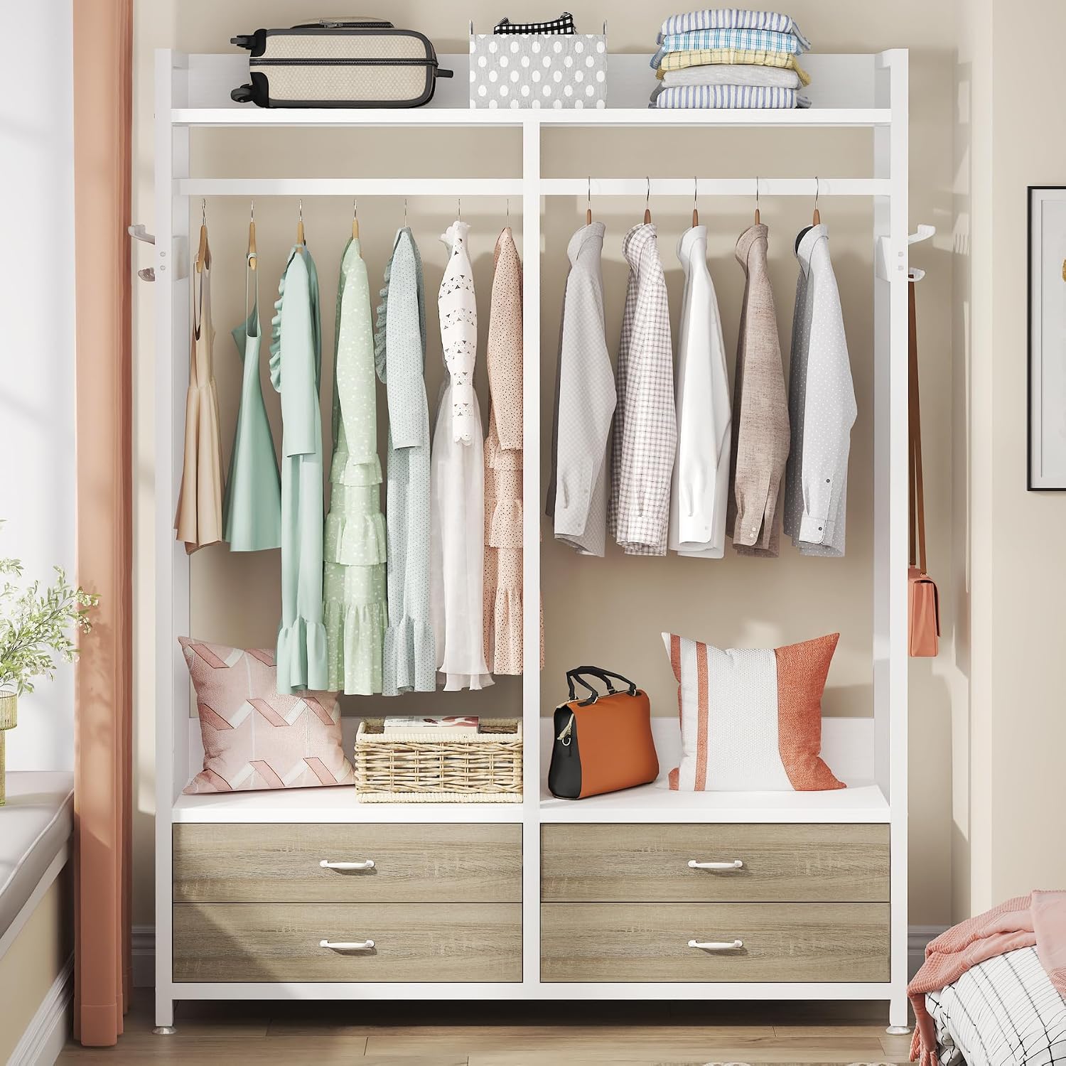 Tribesigns Freestanding Closet Organizer for Hanging Clothes, Heavy Duty Garment Rack with 4 Drawers, 8 Hooks and Storage Shelves, Wardrobe Closet Clothing Rack for Bedroom, Living Room, White Walnut
