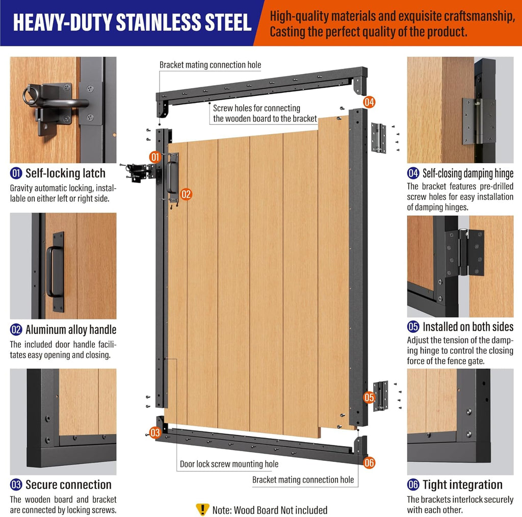 3x4FT (34.8'W X 47.2'H) 201 Stainless Steel Anti Sag Wooden Fence Gate Kit Heavy Duty Garden Gate Frame Hardware Kit Reinforcement (Left/Right Free-Installation)