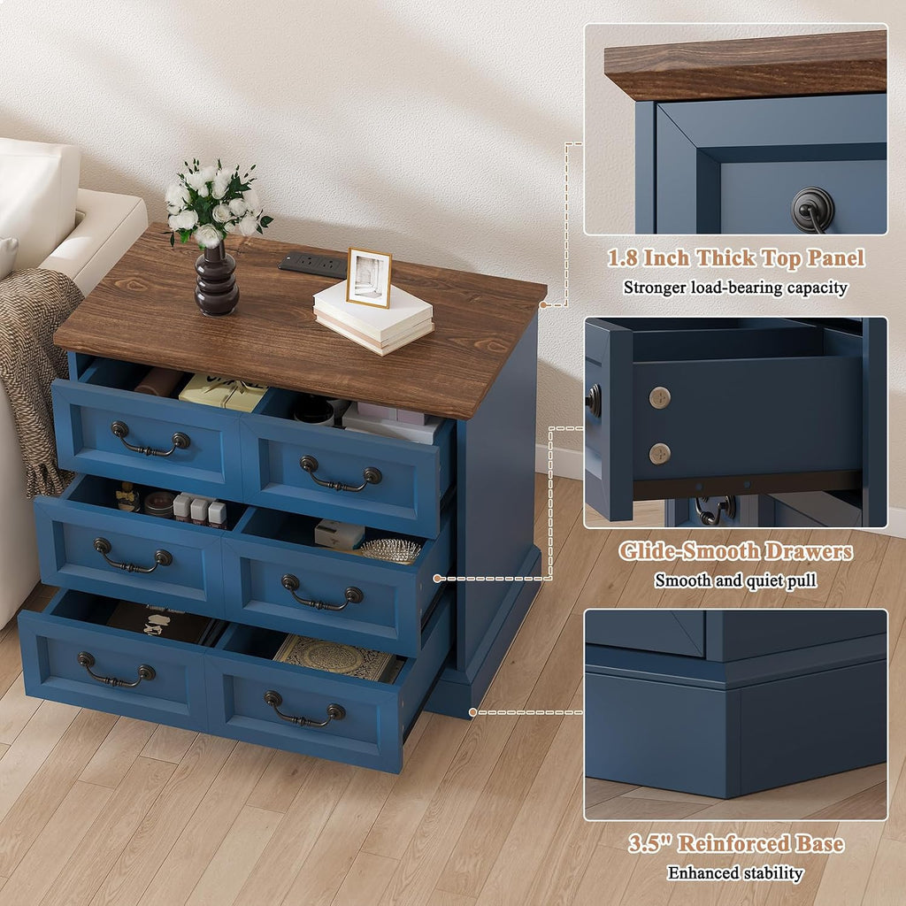 VVFLU 27.6' Wide Farmhouse Nightstand with Charging Station, 3 Drawer Nightstands Set of 2, Larger Side Table End Table, Modern Night Stand for Bedroom, Living Room, Blue Nightstand