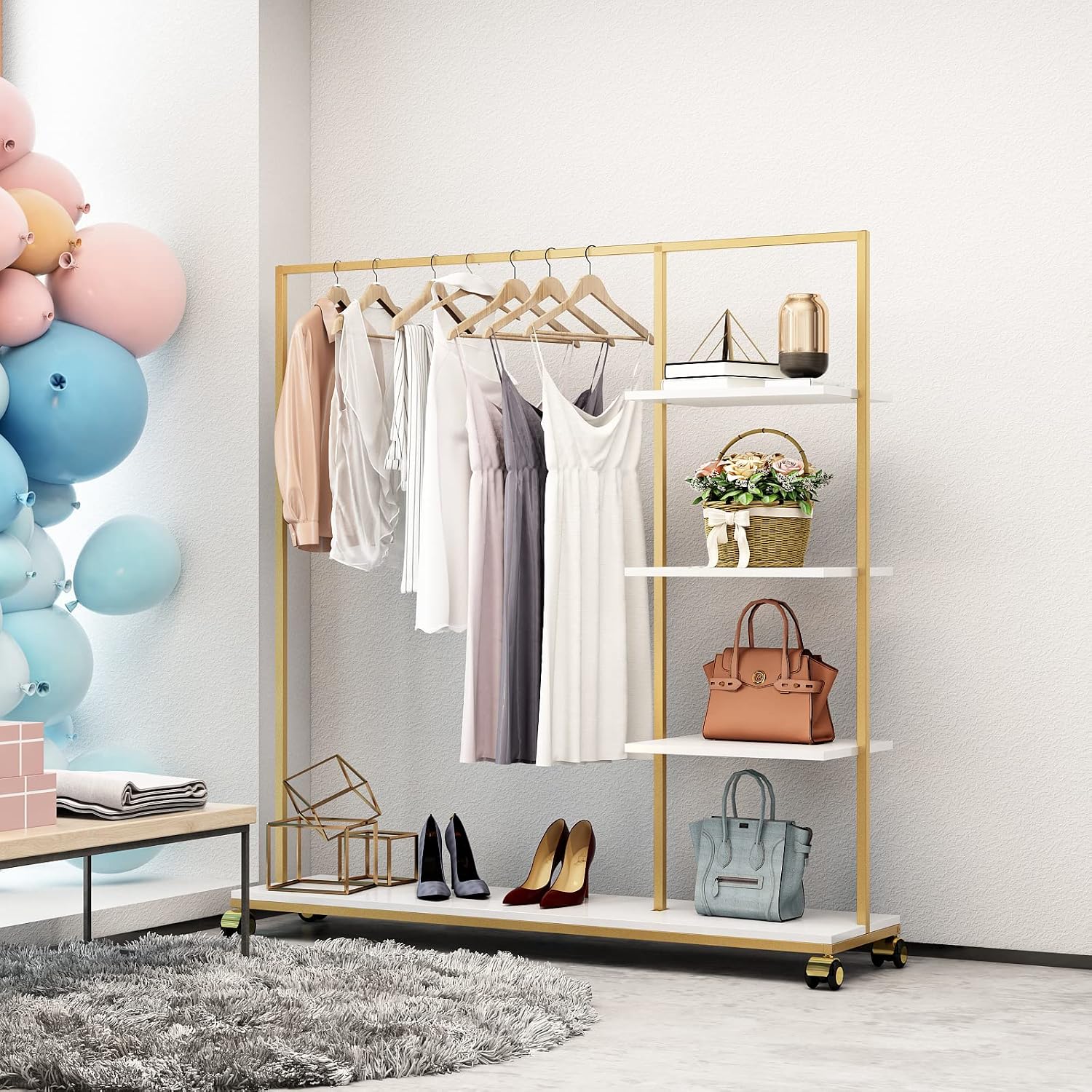 Metal Gold Clothing Rack for Boutique Use, Heavy Duty Garment Rack with Shelves for Retail Display (59L inches)