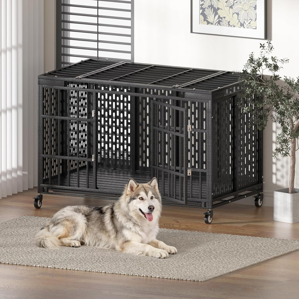 54 Inch Heavy Duty Dog Crate with Wheels,Indestructible Escape-Proof Dog Kennel with Locking Latch and Double Door,Extra Large XL XXL Crate Indoor for Large and Medium Dog with Removable Tray