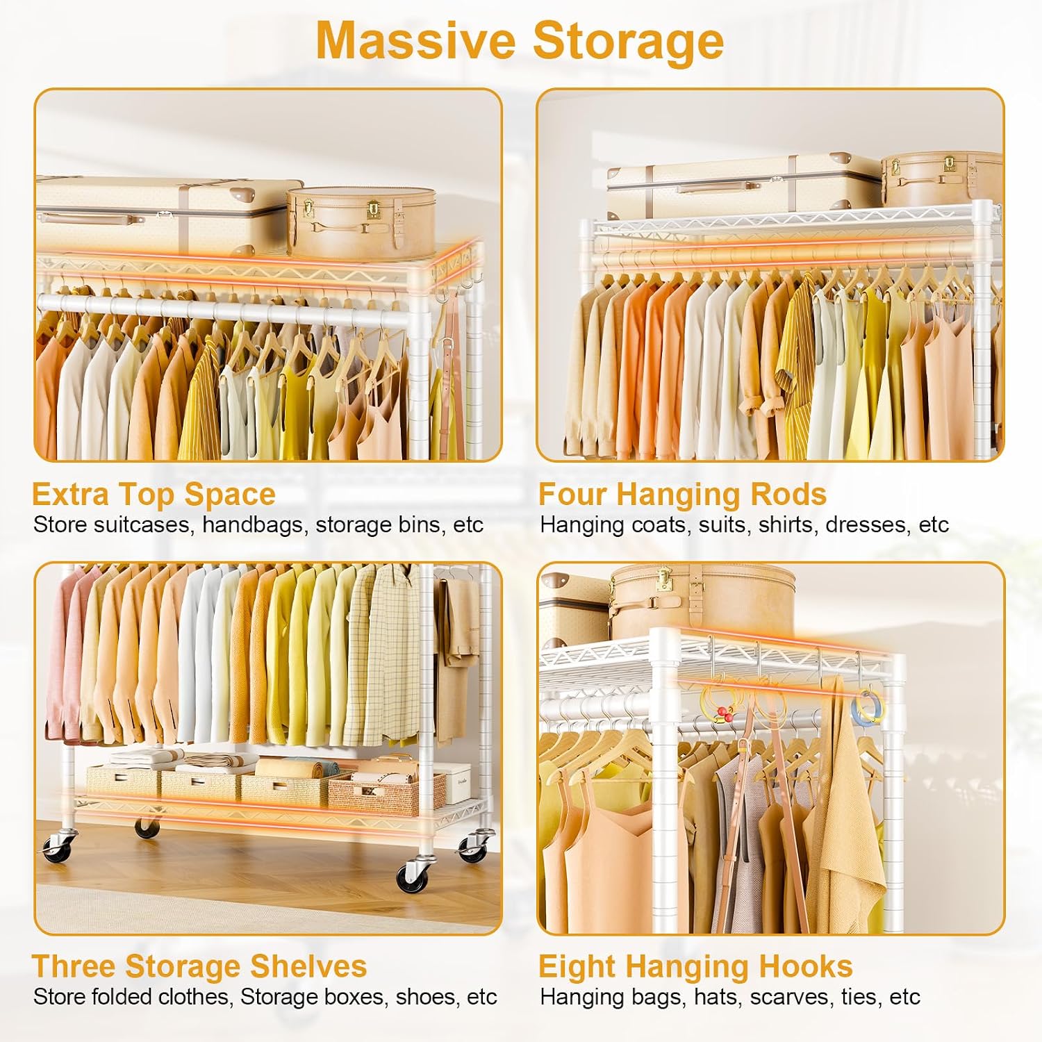 ULIFHOME P5 Plus Rolling Clothes Rack Heavy Duty, Clothing Racks for Hanging Clothes, Metal Garment Rack with Wheels, 3-Tier Portable Closet Rack 45'' W × 20.5'' D × 80.5'' H, Max Load 660 Lbs, White