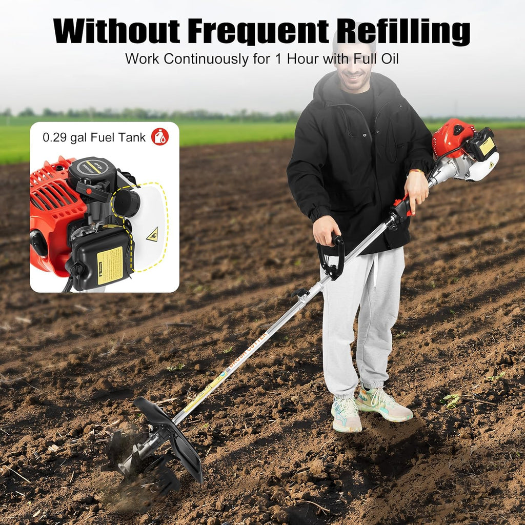42.7CC 2 Stroke Gas Powered Tiller Cultivator, Handheld Garden Rotary Cultivator Rototiller 1.25KW Cordless Garden Farm Tilling Tool for Lawn, Garden and Field Soil Cultivation