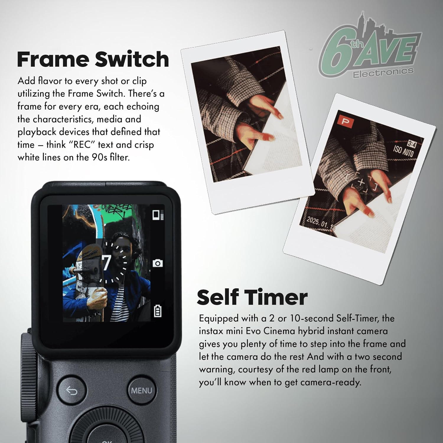 FUJIFILM instax mini Evo Cinema Hybrid Instant Camera Bundle, 3-in-1 Instant Camera Smartphone Printer Video Camera, Gen Dial Effects, Viewfinder & Grip + 40-Photo Instax Mini Film + More