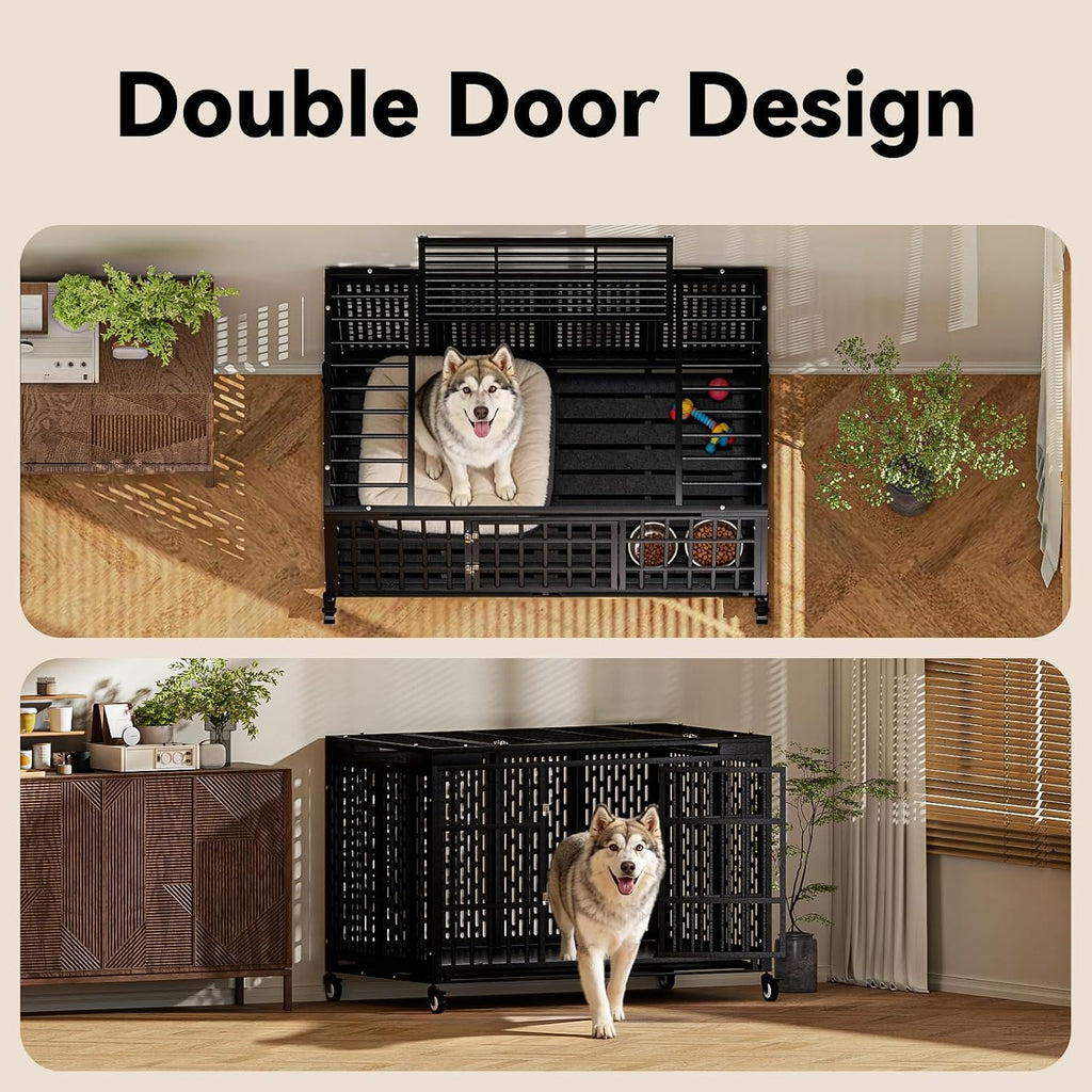 54 Inch Heavy Duty Dog Crate with Wheels,Indestructible Escape-Proof Dog Kennel with Locking Latch and Double Door,Extra Large XL XXL Crate Indoor for Large and Medium Dog with Removable Tray