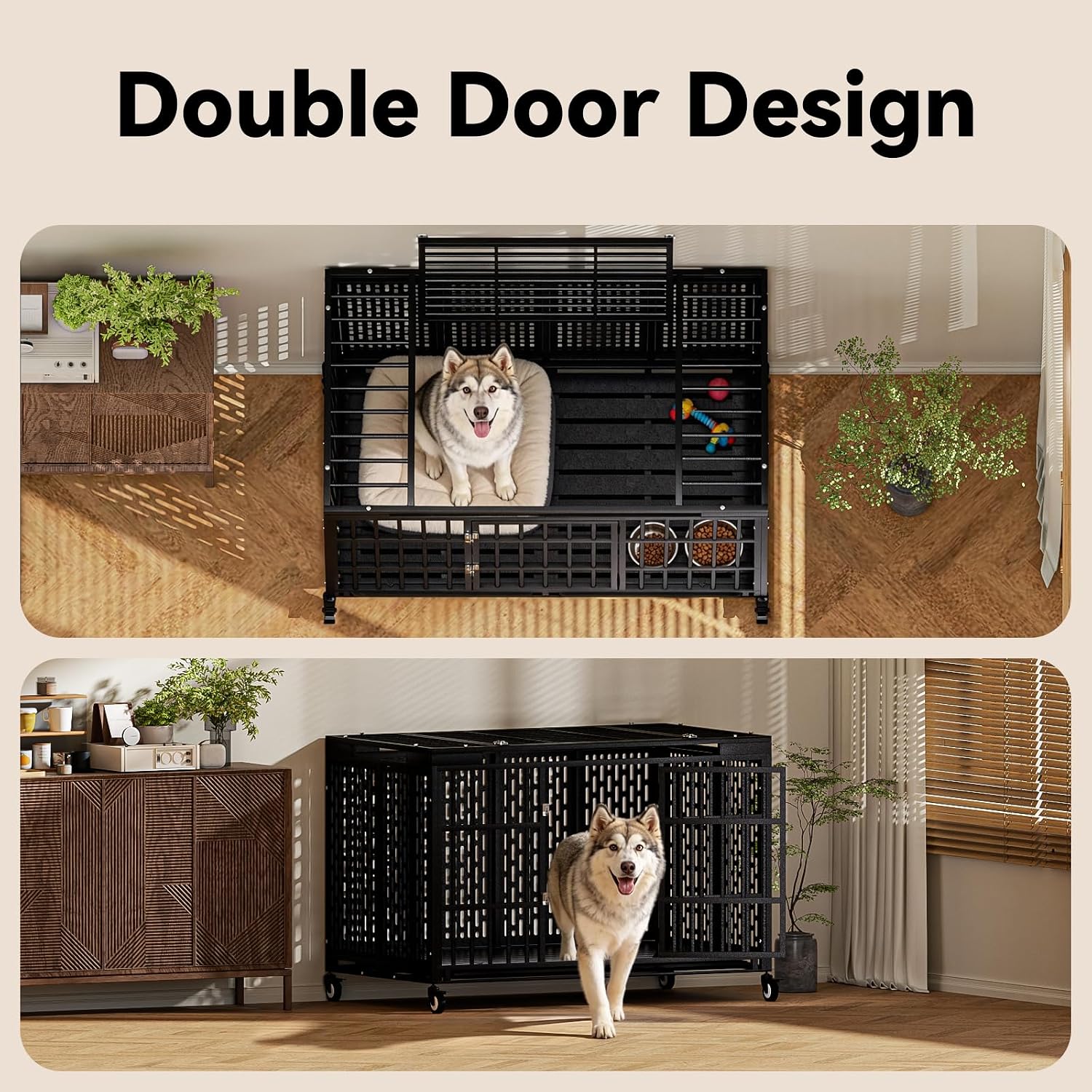 54 Inch Heavy Duty Dog Crate with Wheels,Indestructible Escape-Proof Dog Kennel with Locking Latch and Double Door,Extra Large XL XXL Crate Indoor for Large and Medium Dog with Removable Tray