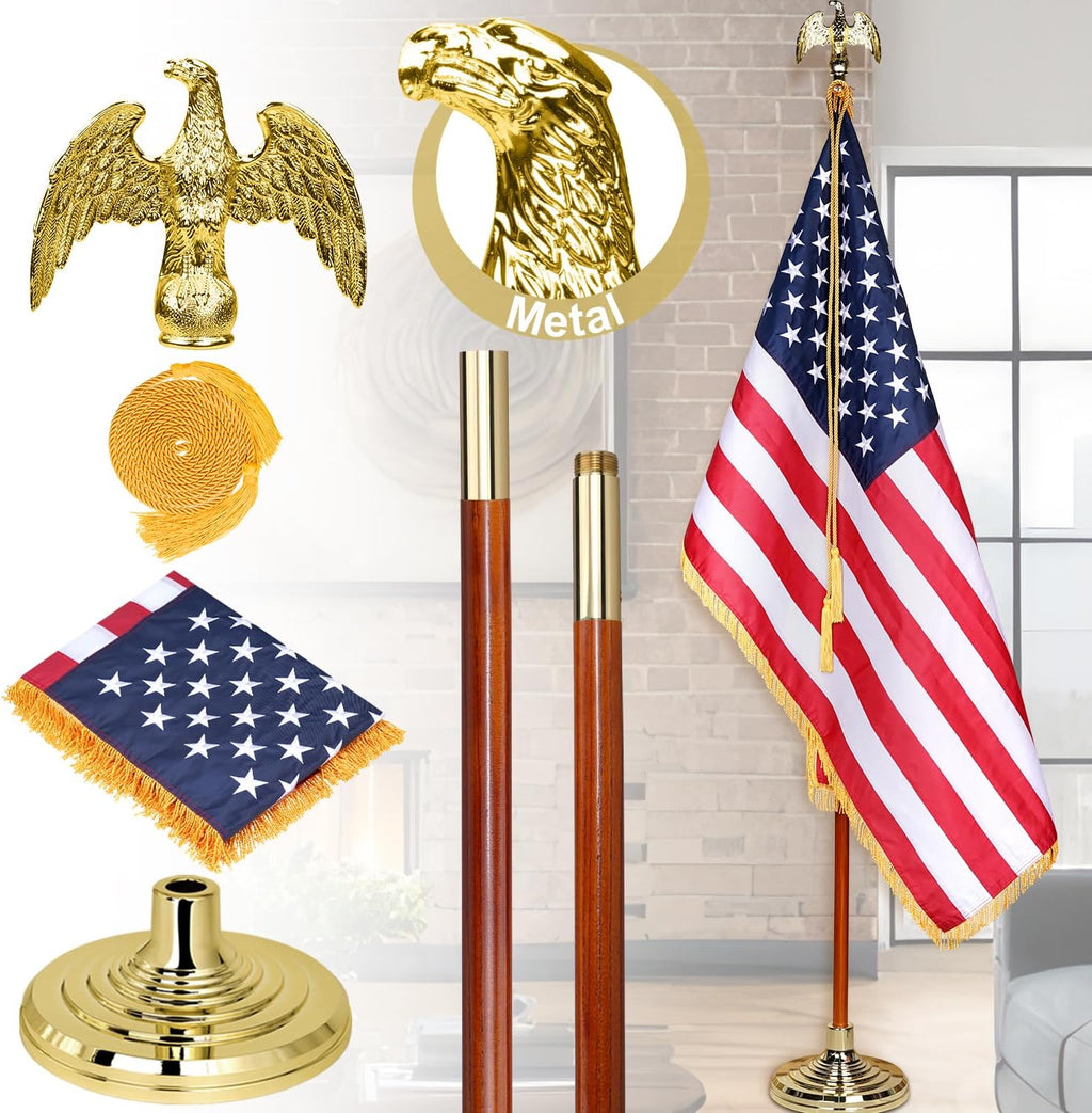 XIFAN Deluxe 7 FT Indoor American Flag and Pole Set - Solid Oak Pole, Metal Eagle Topper, Gold Fringed US Flag, Base Stand, Cord Tassel, for Lobby, Office, Auditorium, Conference Room - 7.6 FT Total