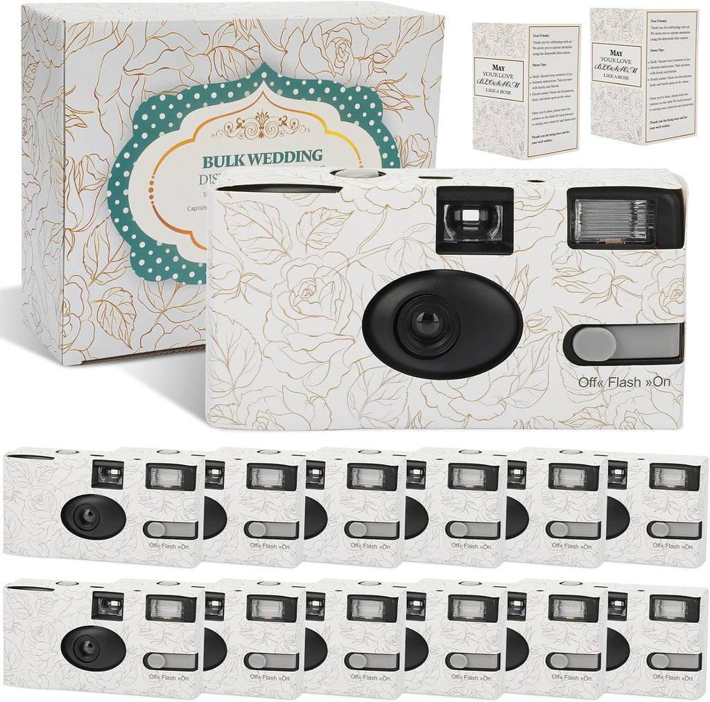 12 Pack Disposable Cameras Bulk for Wedding, Golden Rose Single-Use 35mm Film Disposable Camera with Flash, ISO 400 17 Exposures for Outdoor Travel Gathering Anniversary Birthday Party Supply