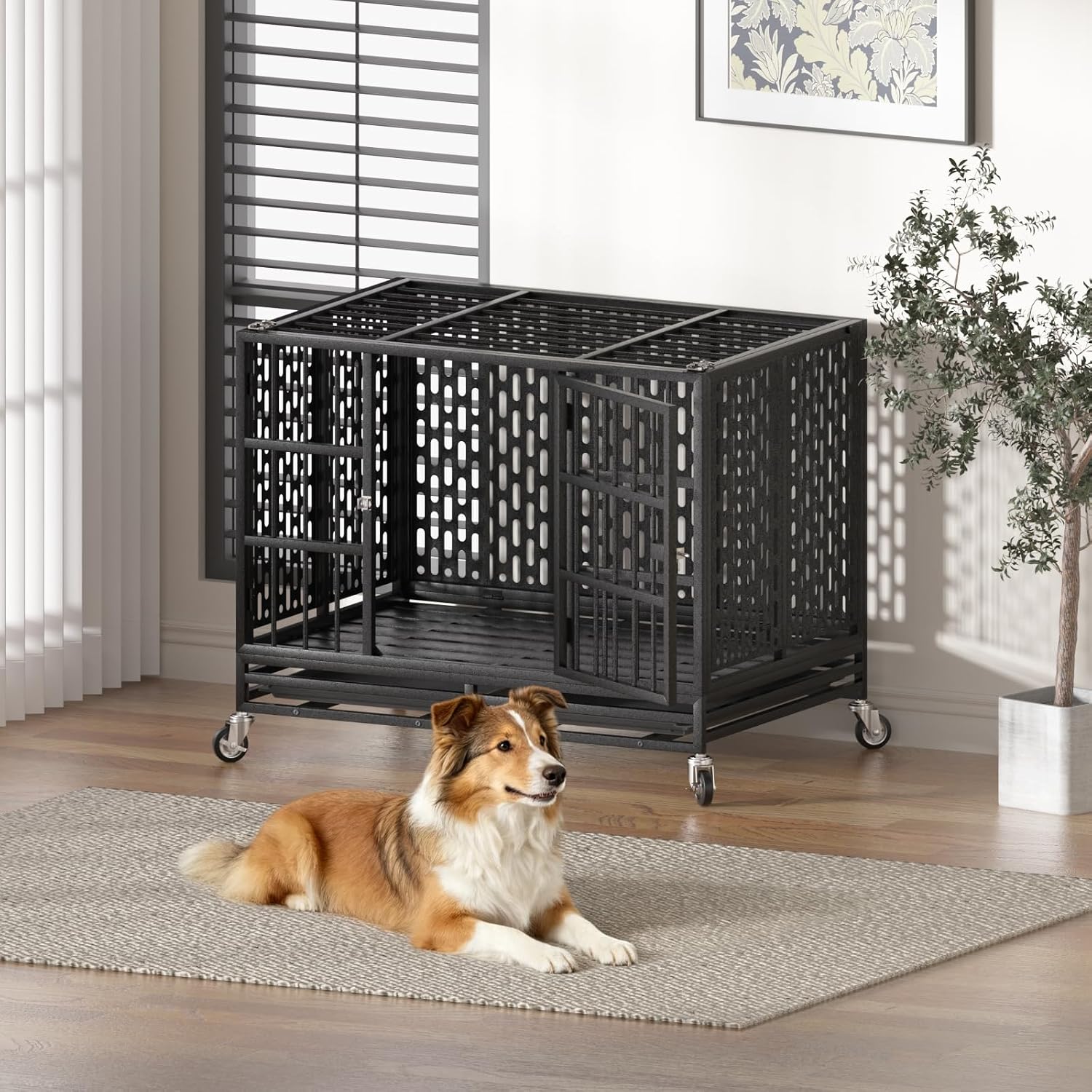 42 Inch Heavy Duty Dog Crate with Wheels,Indestructible Escape-Proof Dog Kennel with Locking Latch and Double Door,Extra Large XL XXL Crate Indoor for Large and Medium Dog with Removable Tray
