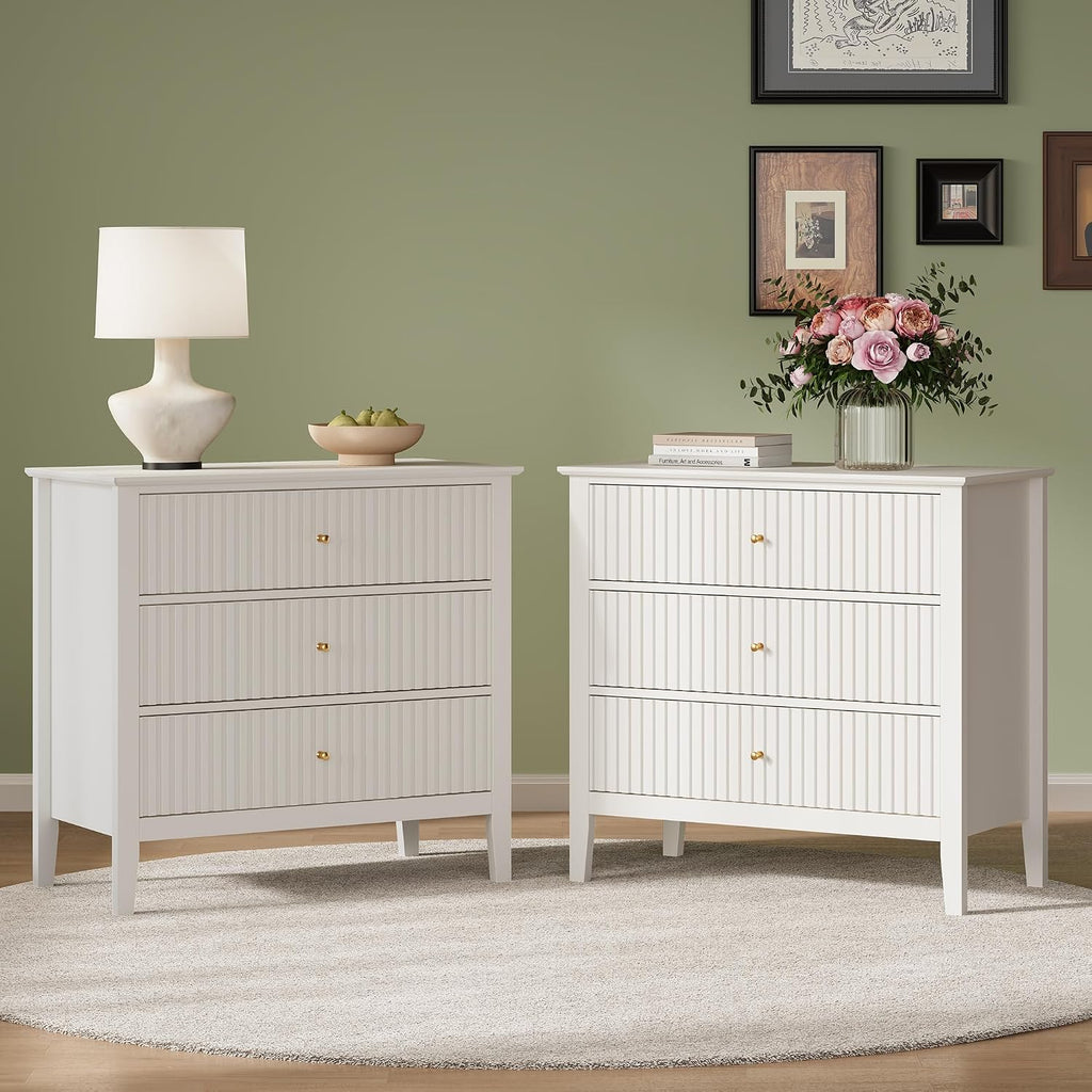 RoyalCraft 32' Large Nightstand Set of 2, Fluted Painted Bedside Table with 3 Spacious Drawers, Modern Tall End Table for Bedroom, White