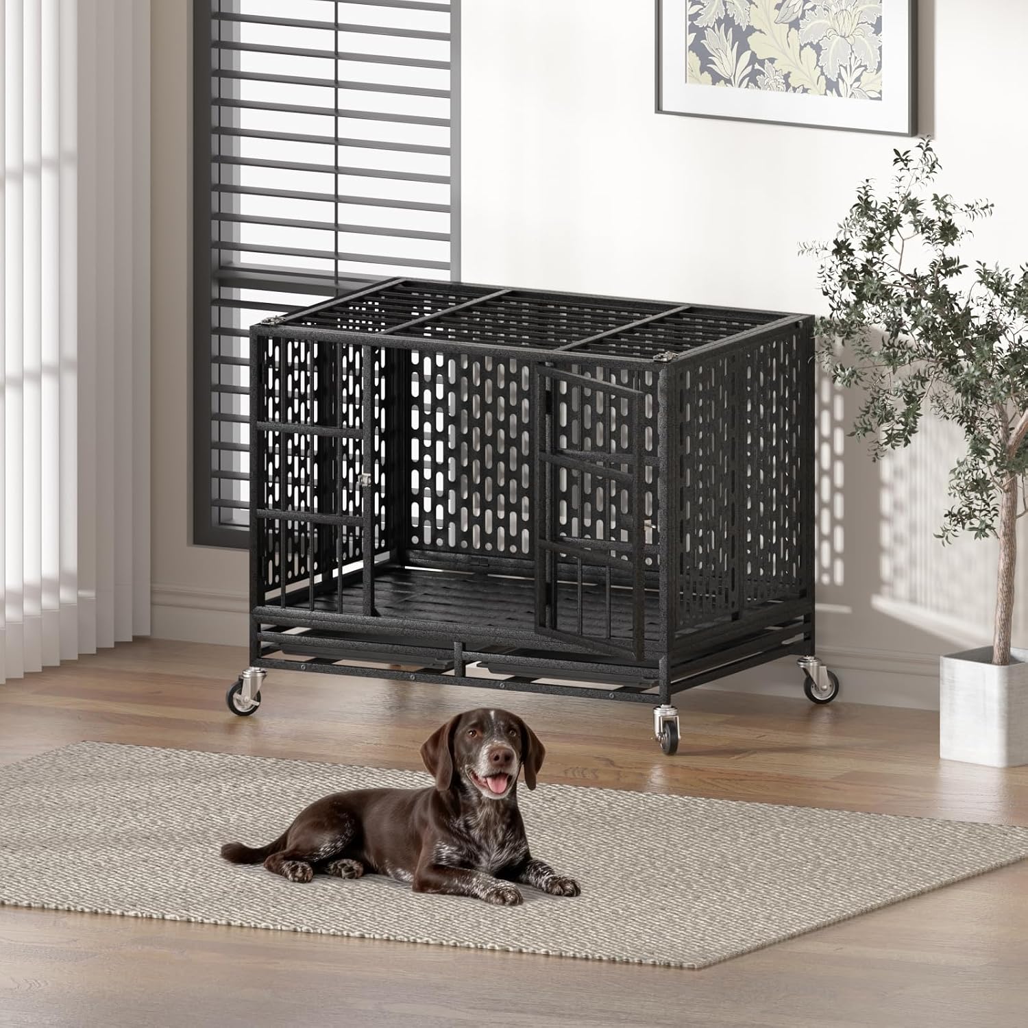 38 Inch Heavy Duty Dog Crate with Wheels,Indestructible Escape-Proof Dog Kennel with Locking Latch and Double Door,Extra Large XL XXL Crate Indoor for Large and Medium Dog with Removable Tray