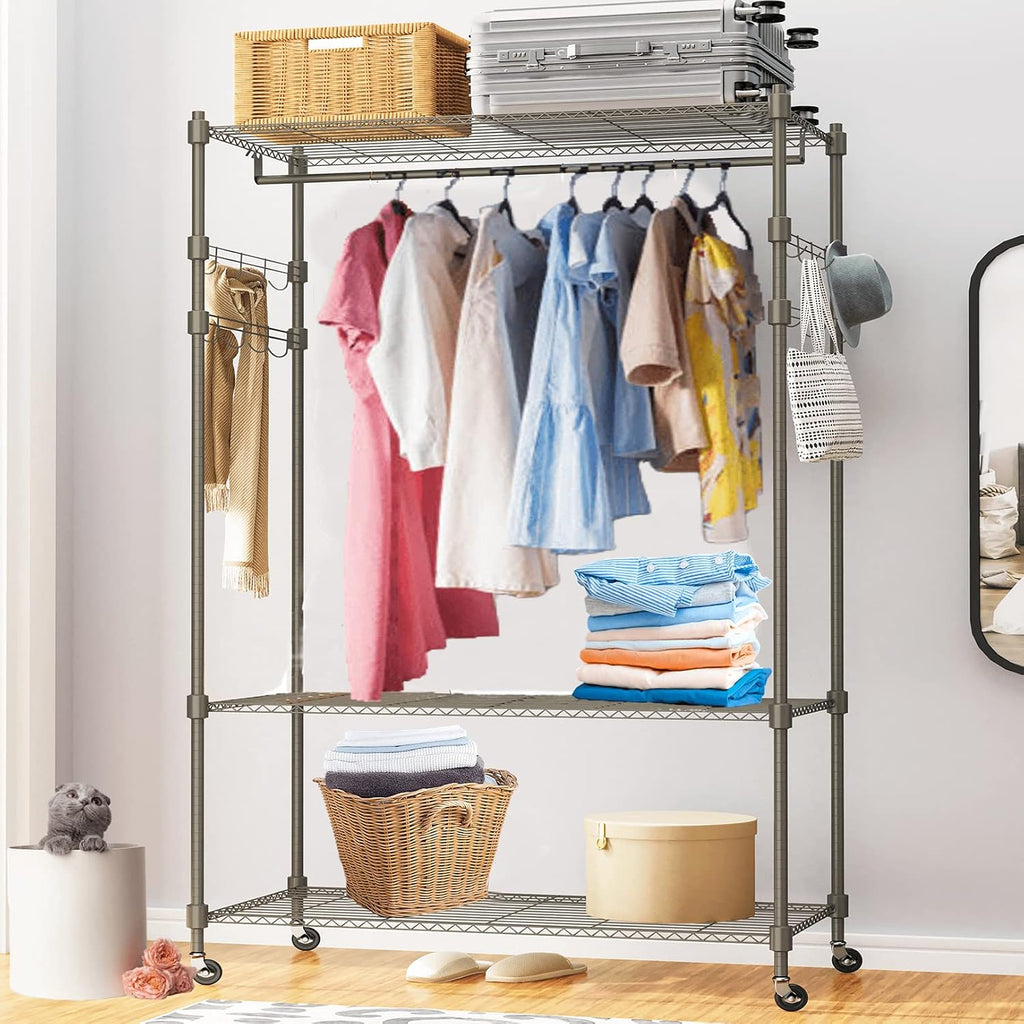 Himimi 3 Tier Wire Shelving Clothes Rack with Wheels, Heavy Duty Rolling Garment Rack with Double Rods, 4 Side Hooks, Freestanding Metal Wardrobe Storage Rack, Grey