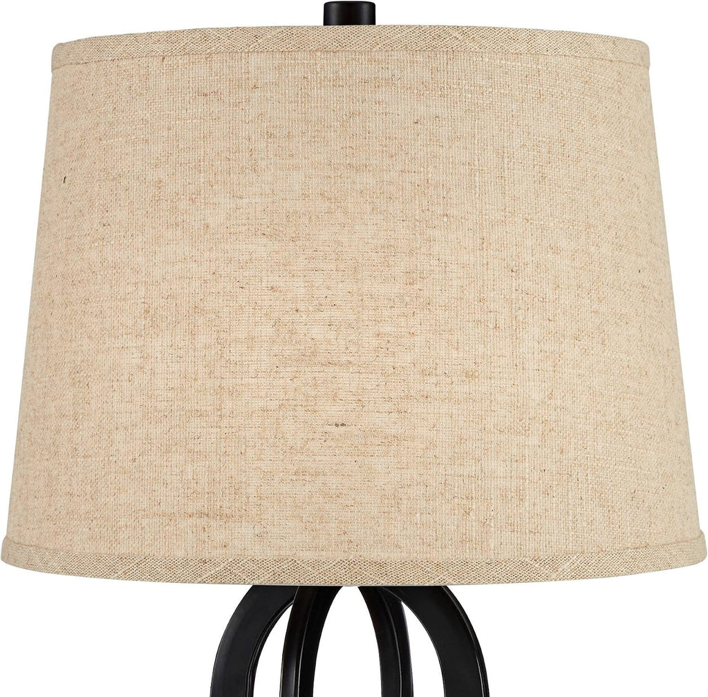 360 Lighting Marcel Industrial Modern Table Lamps 24.25' High Set of 2 with USB Charging Port and Nightlight LED Black Metal Burlap Linen Shade for Living Room Desk Bedroom House Bedside