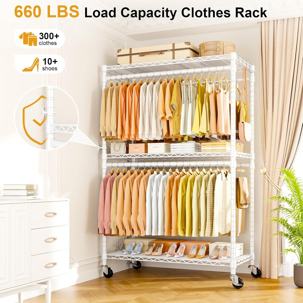 ULIFHOME P5 Plus Rolling Clothes Rack Heavy Duty, Clothing Racks for Hanging Clothes, Metal Garment Rack with Wheels, 3-Tier Portable Closet Rack 45'' W × 20.5'' D × 80.5'' H, Max Load 660 Lbs, White