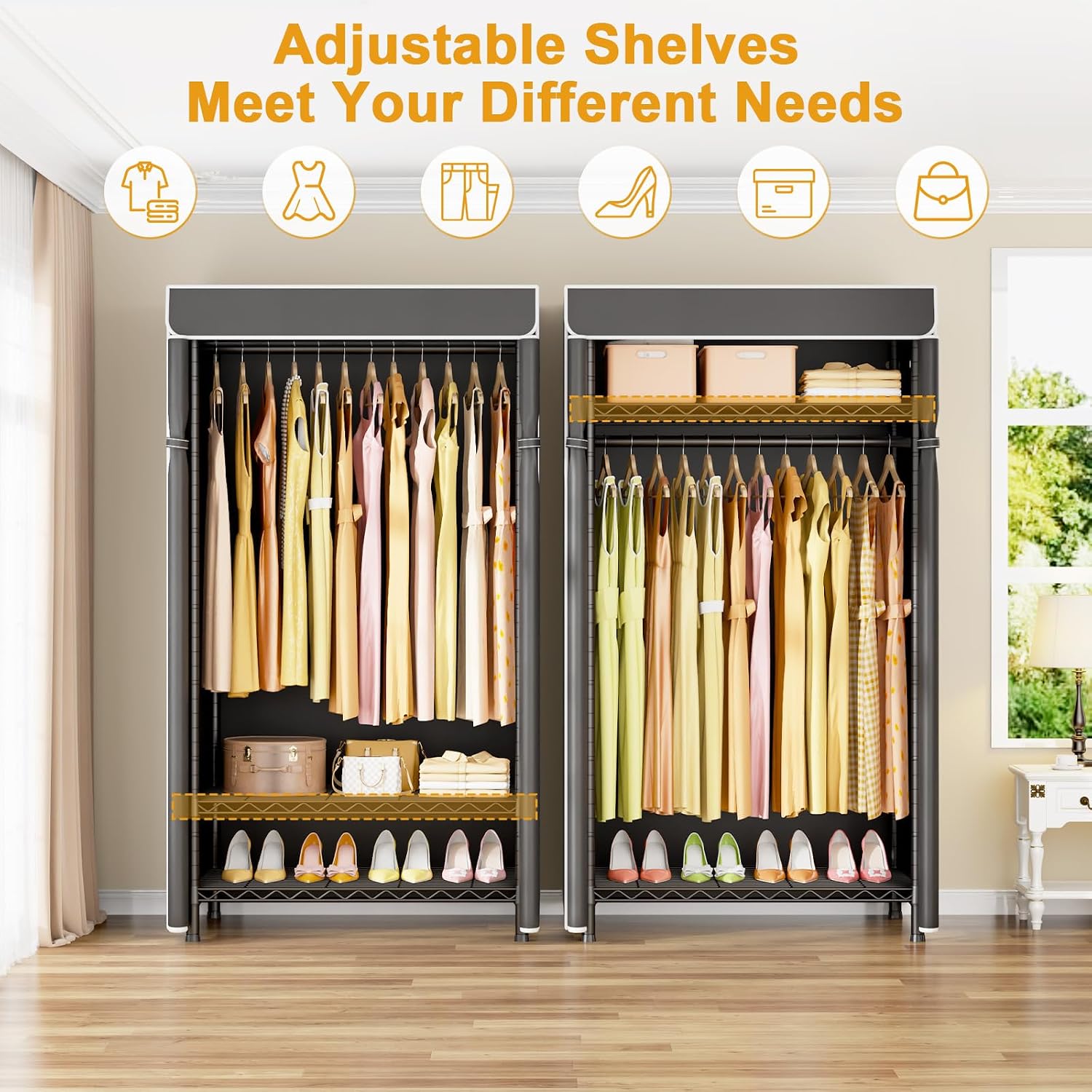 LIFHOME H5C & H50C Clothes Rack with Cover, Portable Closet for Hanging Clothes, Covered Clothing Racks Heavy Duty, Freestanding Garment Racks with Shelves, Black Closet Rack with Black Cover