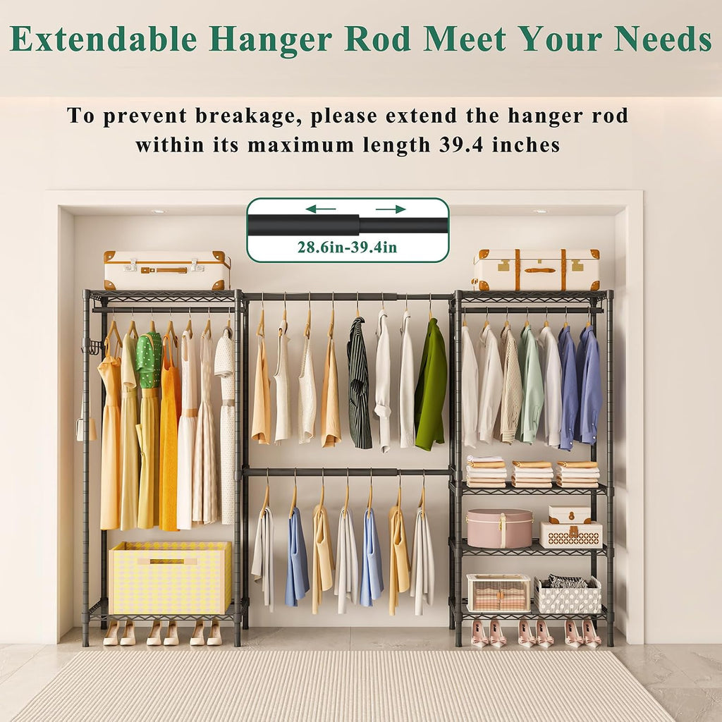 Heavy Duty Garment Rack, Portable Expandable Freestanding 4 Tiers Adjustable Wire Shelves Clothes Rack with 2 Retractable Poles, 70.9-86.6' L x 15.7' W x 76.8' H, Max Load 900LBS, Black