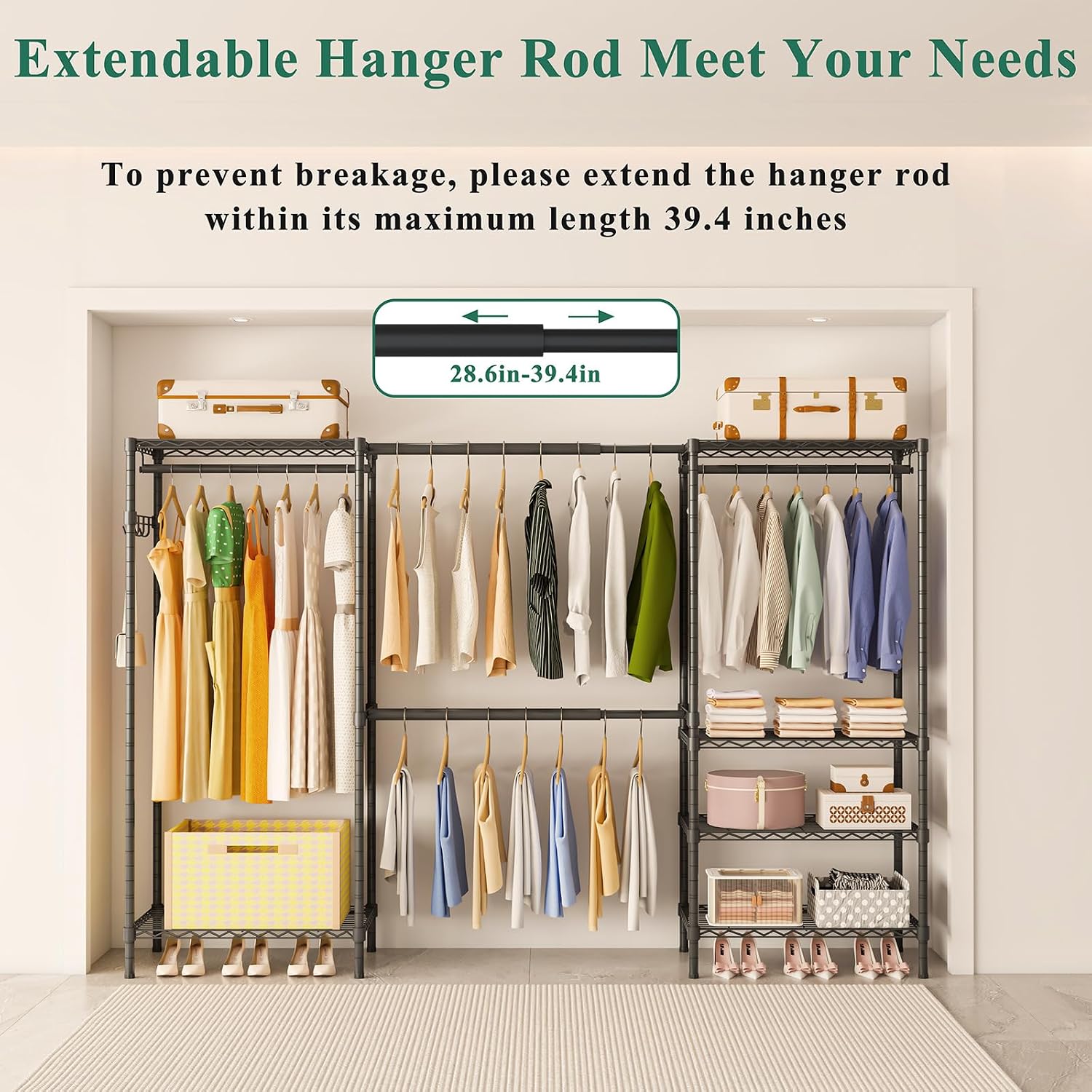 Heavy Duty Garment Rack, Portable Expandable Freestanding 4 Tiers Adjustable Wire Shelves Clothes Rack with 2 Retractable Poles, 70.9-86.6' L x 15.7' W x 76.8' H, Max Load 900LBS, Black