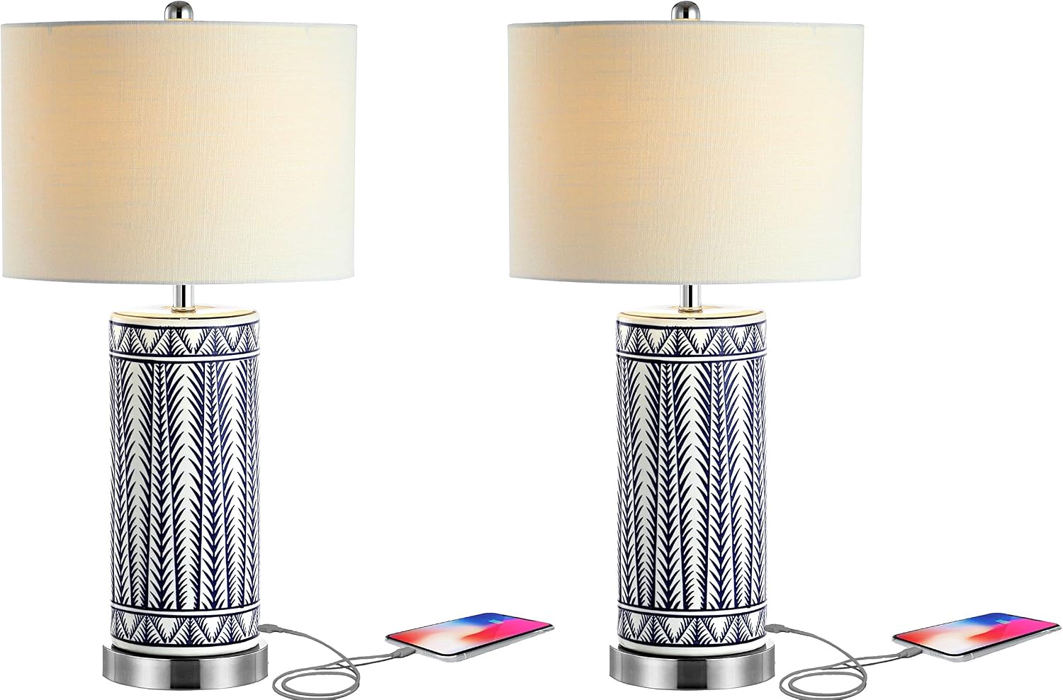 JONATHAN Y 27' Navy Ceramic Contemporary USB Charging LED Table Lamp Set of 2, Geometric Column Lamp with White Linen Drum Shade, Chrome Base, LED Bulbs Included JYL6615A-SET2