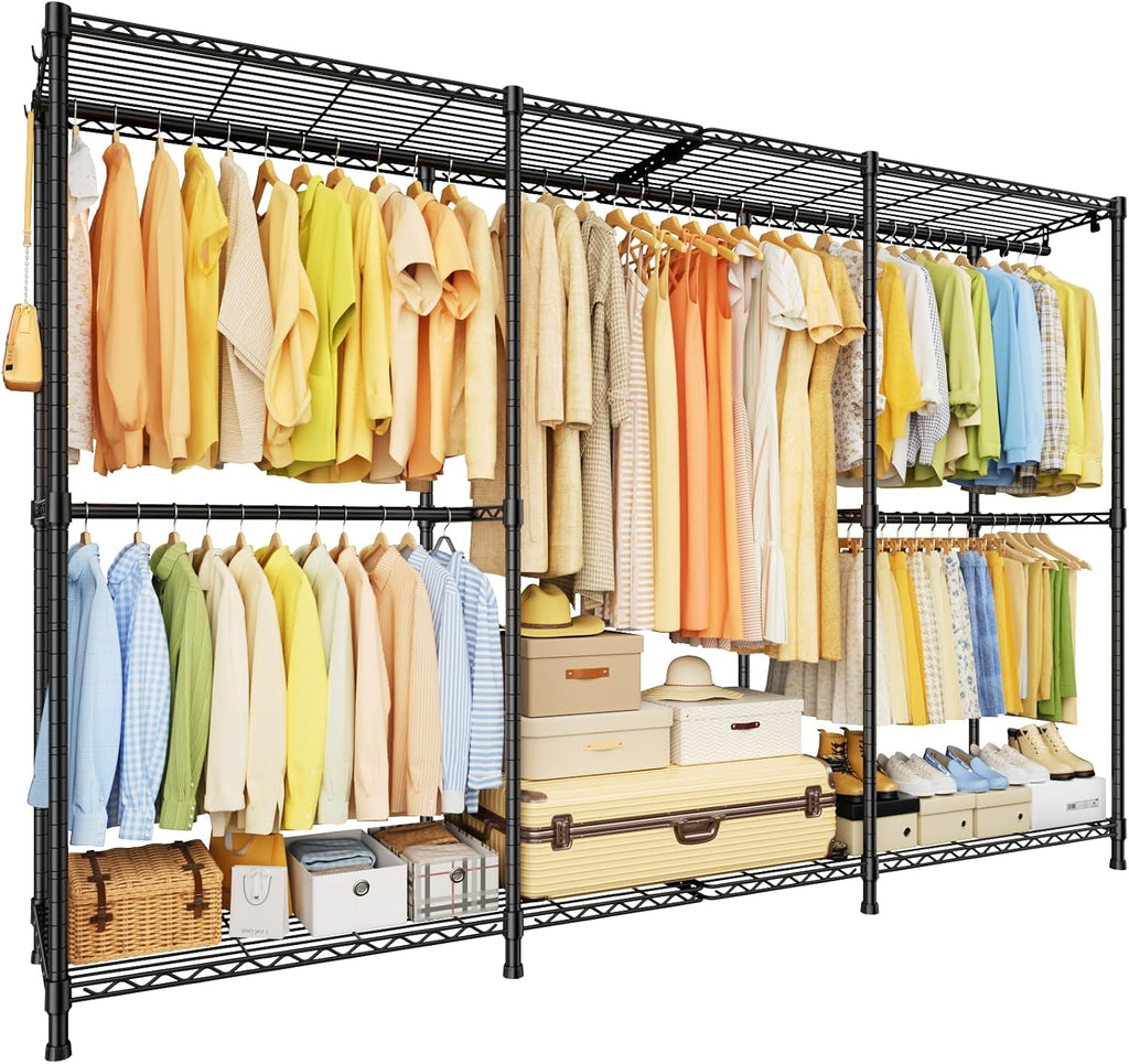ULIFHOME E14 Max Heavy Duty Clothes Rack，Freestanding Clothing Racks for Hanging Clothes，Adjustable Closet Organizers and Storage，Metal Garment Rack with Shelves 86'W × 16'D × 77'H，Load 1060LBS，Black