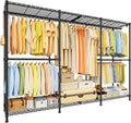 ULIFHOME E14 Max Heavy Duty Clothes Rack，Freestanding Clothing Racks for Hanging Clothes，Adjustable Closet Organizers and Storage，Metal Garment Rack with Shelves 86'W × 16'D × 77'H，Load 1060LBS，Black