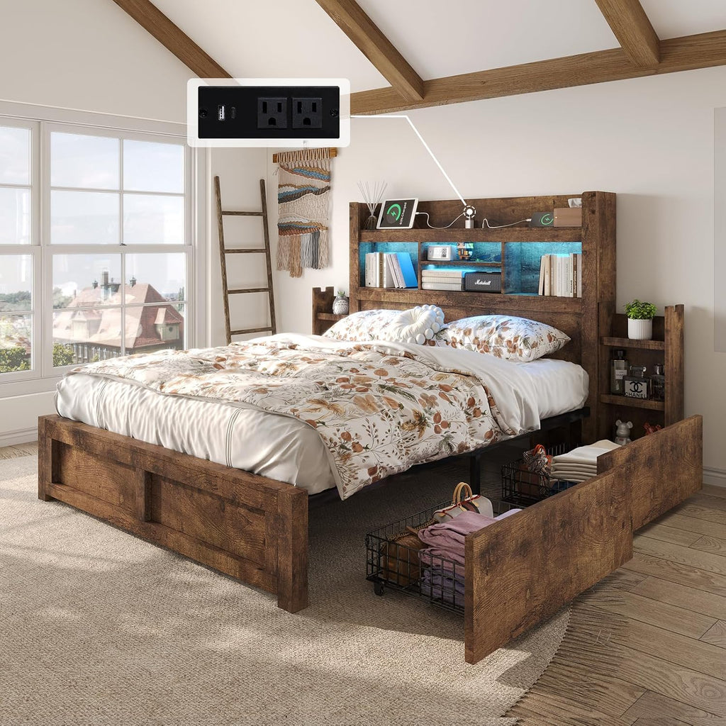 LUXOAK Queen Bed Frame with 49.6' Bookcase Headboard & 2 Detachable Bedside Stoage Racks & 4 Drawers, Farmhouse Wood Bed Frame with RGB LED & Charging Station, No Box Spring Needed, Rustic Brown