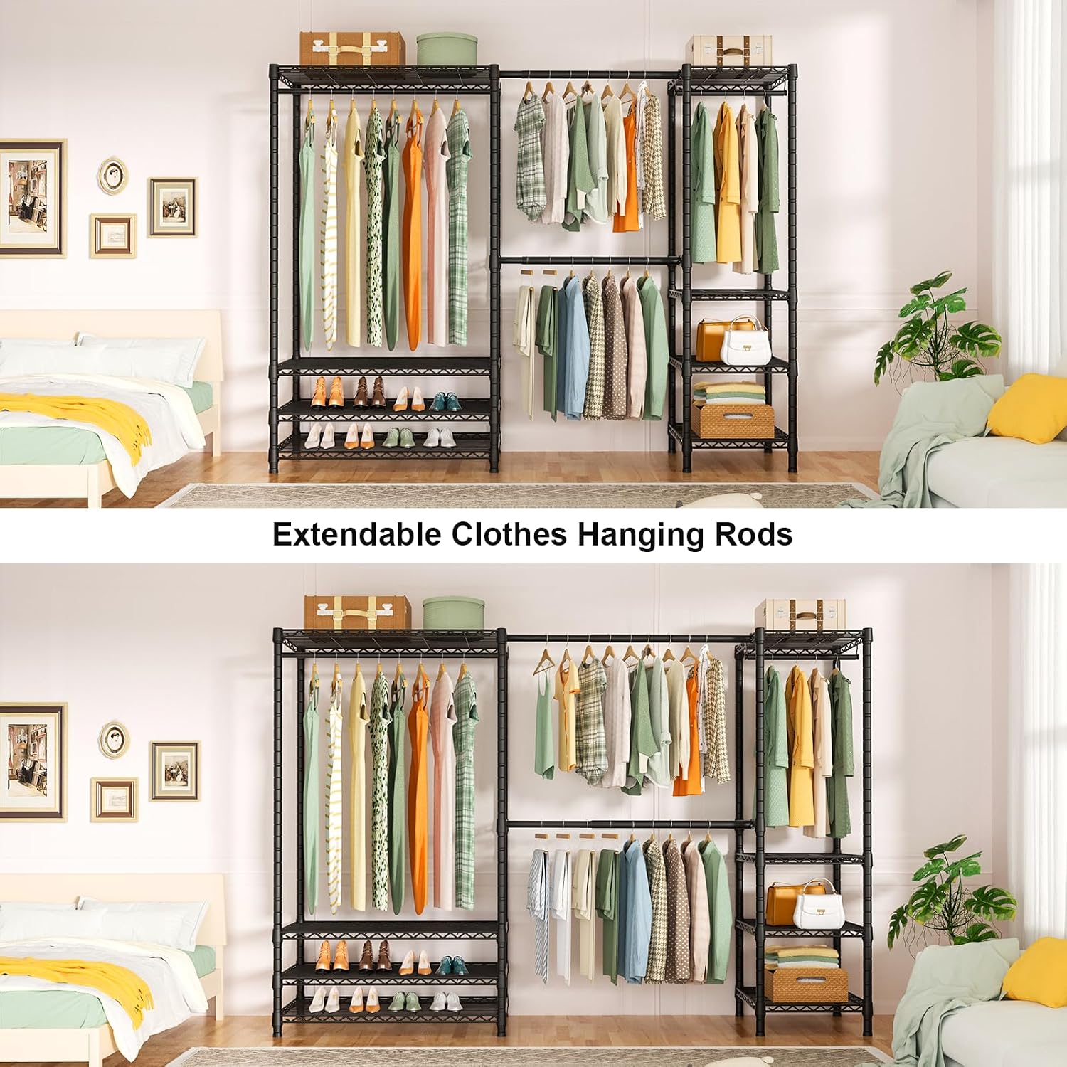 Ulif E11 and E7 Garment Rack Bundle, Metal Freestanding Clothes Rack and Closet Storage Organizer System with Shelves and Expandable Hanger Rods, Closet System Wardrobe for Hanging Clothing