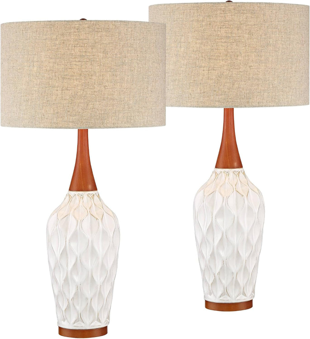 360 Lighting Rocco Mid Century Modern Table Lamps 30' Tall Set of 2 White Geometric Ceramic Oak Wood Tan Fabric Drum Shade for Bedroom Living Room Bedside Nightstand House Home Office