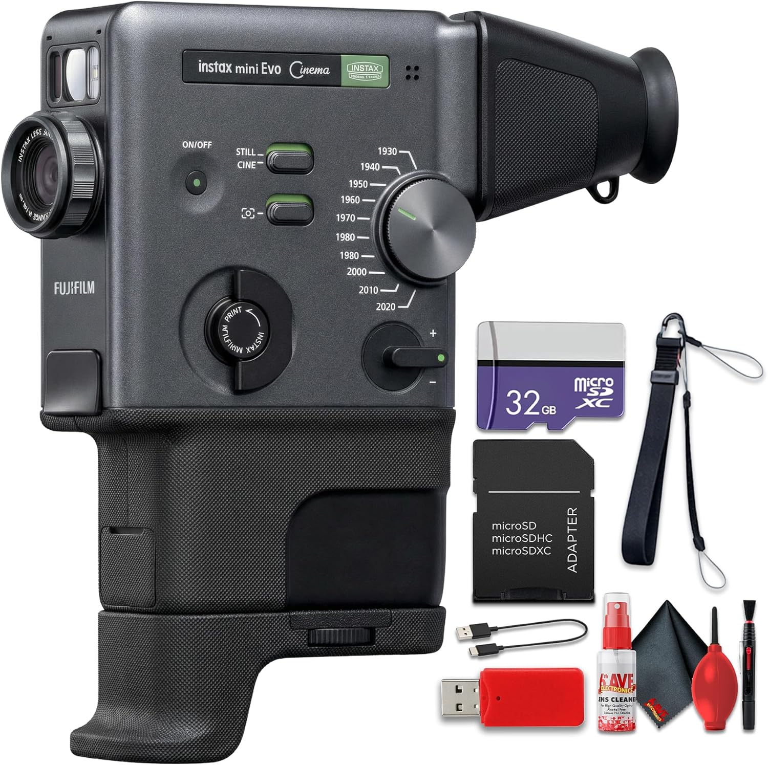 FUJIFILM instax mini Evo Cinema Hybrid Instant Camera 3-in-1 Instant Camera Smartphone Printer Video Camera, Bluetooth, Gen Dial for 10 Decade-Inspired Effects Bundle