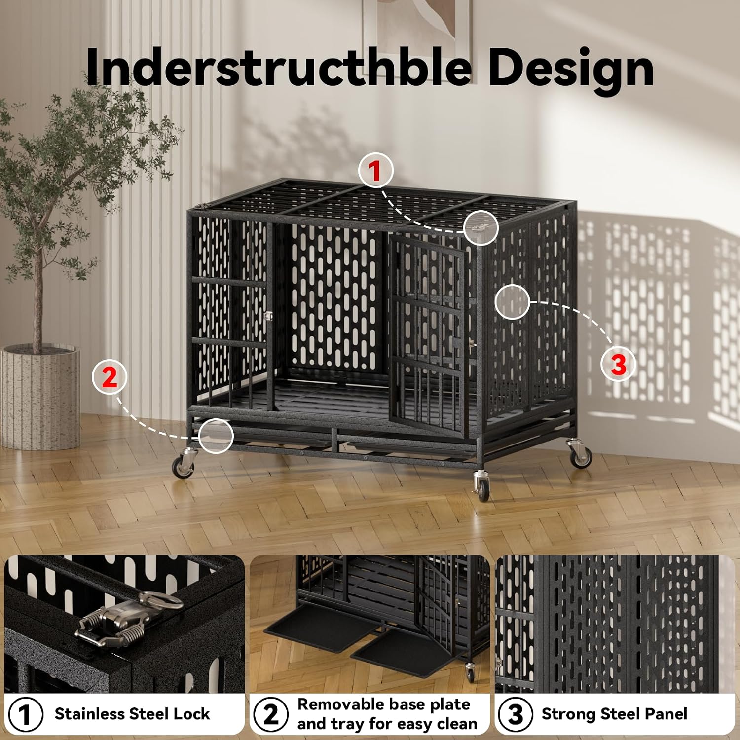 42 Inch Heavy Duty Dog Crate with Wheels,Indestructible Escape-Proof Dog Kennel with Locking Latch and Double Door,Extra Large XL XXL Crate Indoor for Large and Medium Dog with Removable Tray