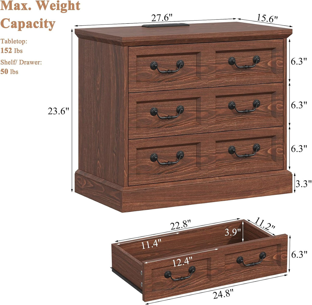 VVFLU 27.6' Wide Farmhouse Nightstand with Charging Station, 3 Drawer Nightstands Set of 2, Larger Side Table End Table, Modern Night Stand for Bedroom, Living Room, Cherry Nightstand