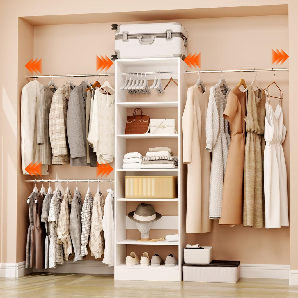 Closet System, 3Ft-5Ft Closet Organizer System With Adjustable Shelves, Walk-In Closet Storage System With 5 Expandable Hanging Rods, Adjustable Cloth Garment Rack from 3 to 5FT, White