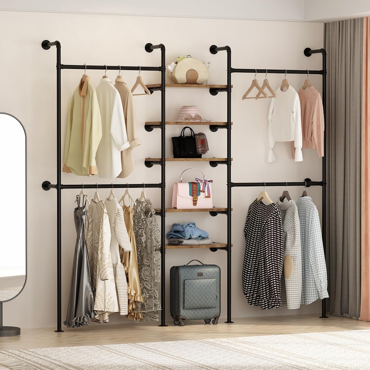 Industrial Pipe Clothing Racks with 5 Shelves, Wall Mounted Clothes Rack for Hanging Clothes, Black Wall Clothing Rack, Heavy Duty Clothes Rack for Walk in Closet, Laundry Room