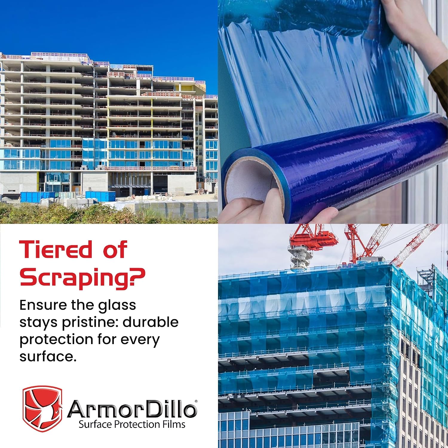 ArmorDillo Blue Window Protection Film 21' x 600', 54.22/roll (4 Rolls-1 Case) - Surface Protection | Temporary Self-Adhesive Glass Covering, Window Masking, 45-Day UV Resistant, Construction Wrap