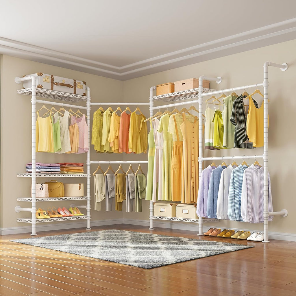 Timate L4 L Shape Garment Rack Heavy Duty Clothes Racks for Hanging Clothes, Expandable Industrial Pipe Clothing Rack Wall Mounted Closet Organizer Large Wardrobe Closet Kit Corner Closet System White