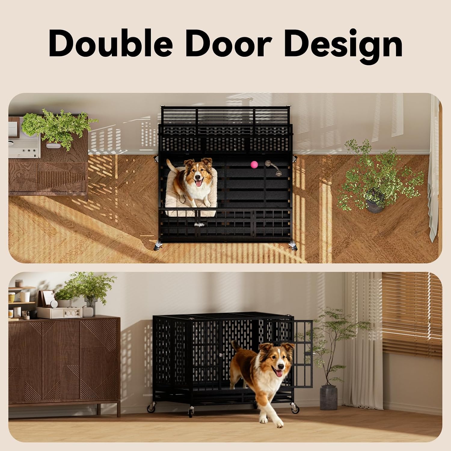 42 Inch Heavy Duty Dog Crate with Wheels,Indestructible Escape-Proof Dog Kennel with Locking Latch and Double Door,Extra Large XL XXL Crate Indoor for Large and Medium Dog with Removable Tray