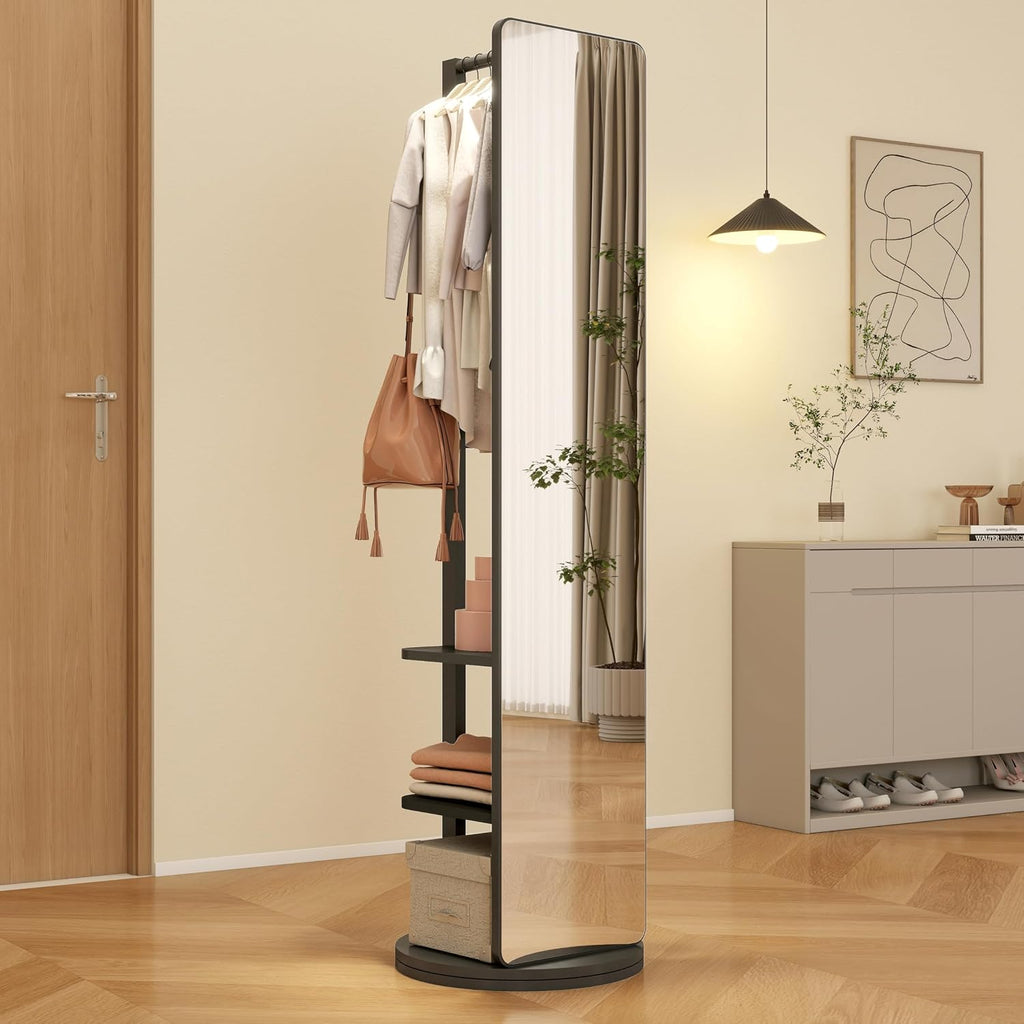 BOWEI Solid Wooden Mirror Coat Rack, Full Length Mirror with Coat Rack, Hall Coat Tree with Hooks and Storage Shelf for Coats, Hats, Bags, for Entryway, Hallway, Bedroom (Black)