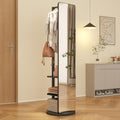 BOWEI Solid Wooden Mirror Coat Rack, Full Length Mirror with Coat Rack, Hall Coat Tree with Hooks and Storage Shelf for Coats, Hats, Bags, for Entryway, Hallway, Bedroom (Black)
