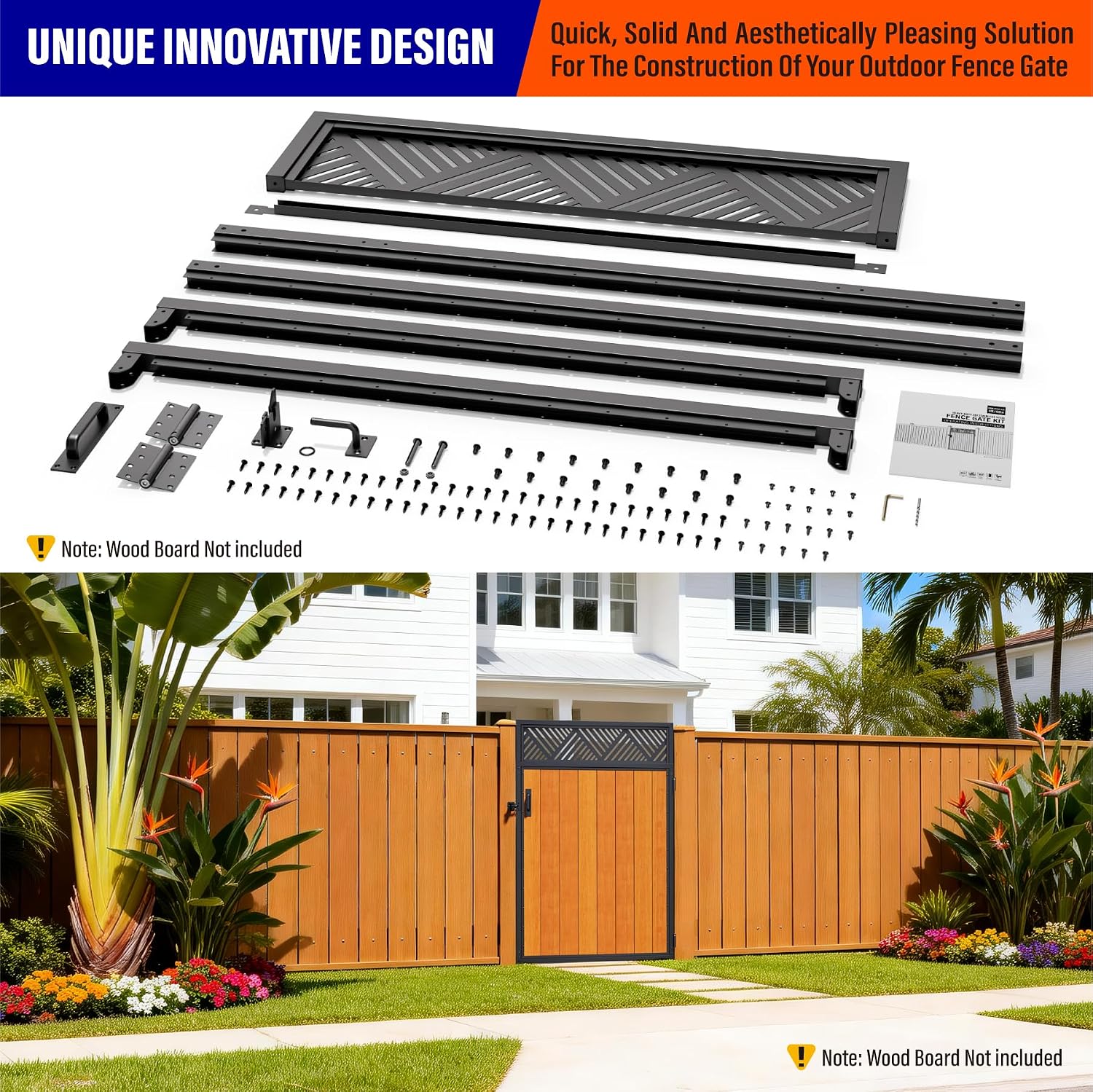 4x6FT (46.78'W X 70.8'H) 201 Stainless Steel Anti Sag Wooden Fence Gate Kit Heavy Duty Garden Gate Frame Hardware Kit Reinforcement (Left/Right Free-Installation)